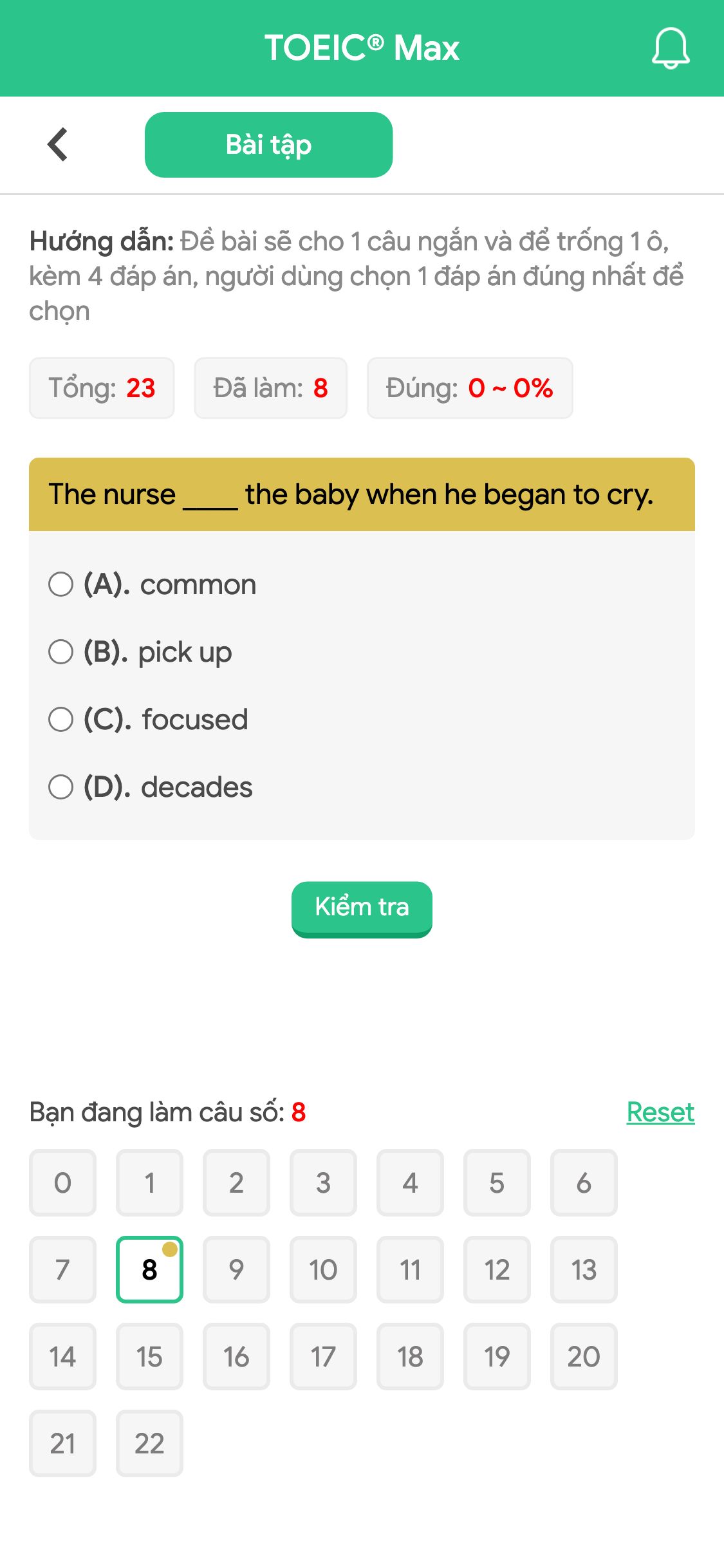 The nurse ____ the baby when he began to cry.