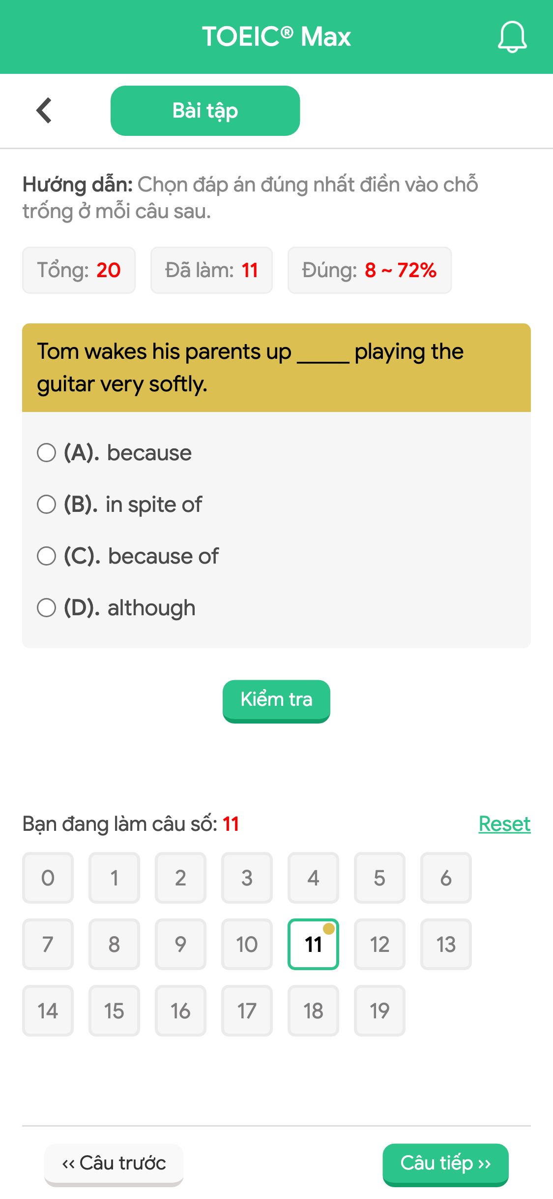 Tom wakes his parents up _____ playing the guitar very softly.