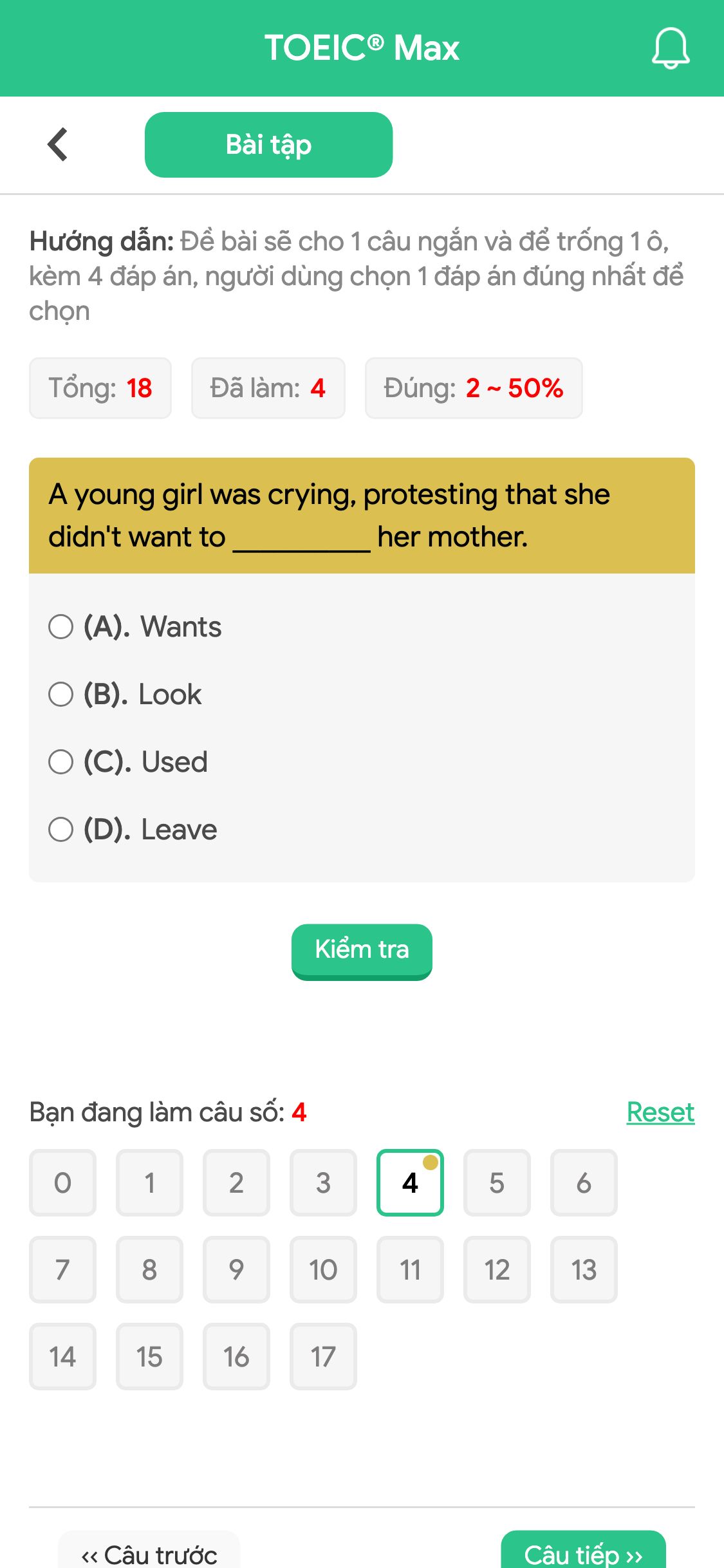 A young girl was crying, protesting that she didn't want to __________ her mother.