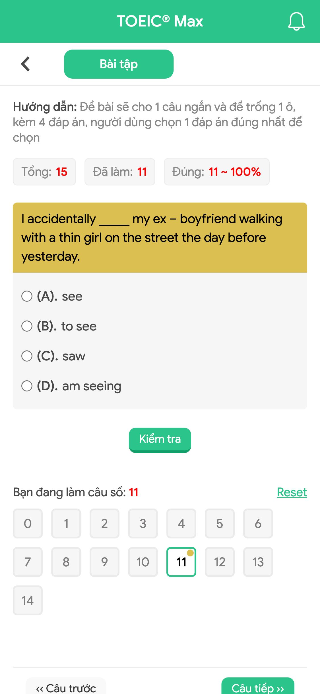 I accidentally _____ my ex – boyfriend walking with a thin girl on the street the day before yesterday.