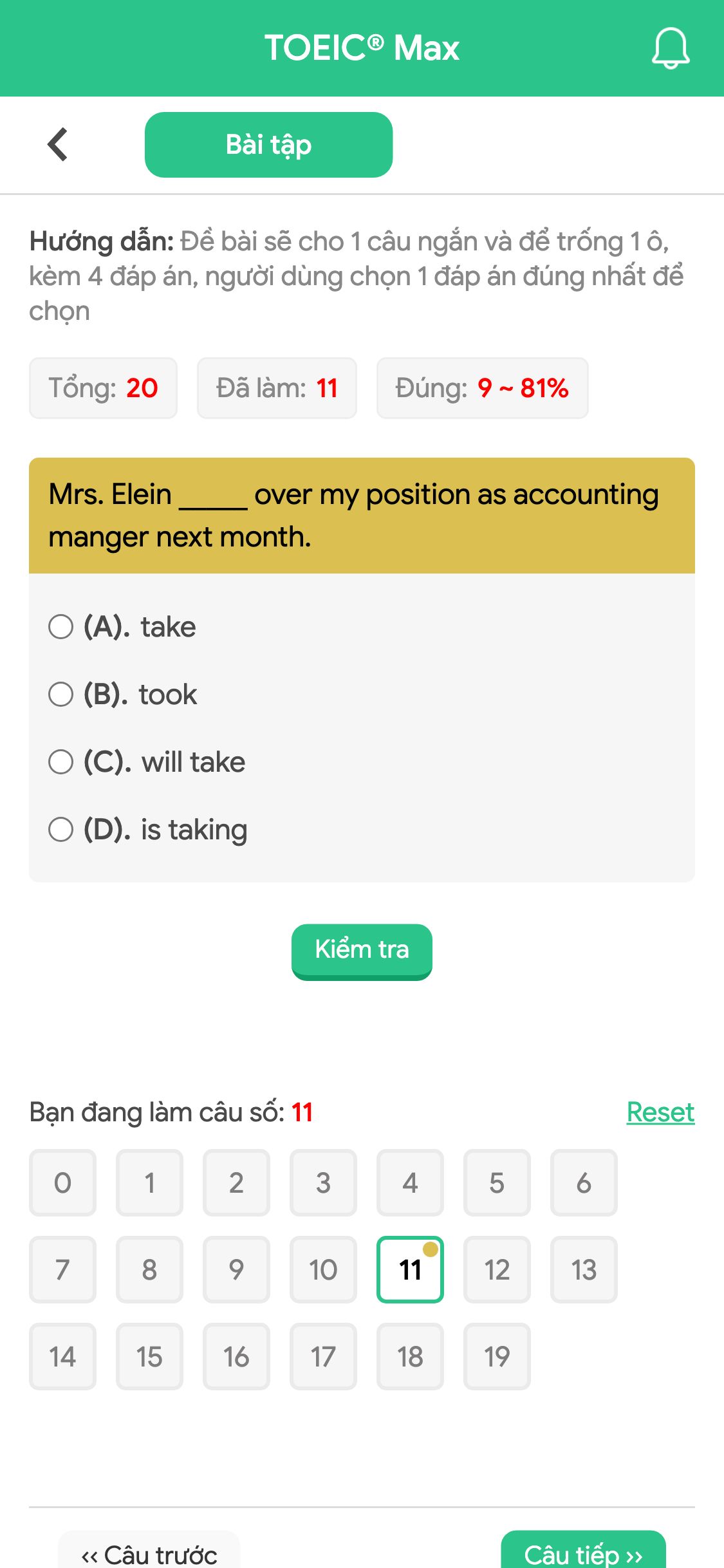 Mrs. Elein _____ over my position as accounting manger next month.