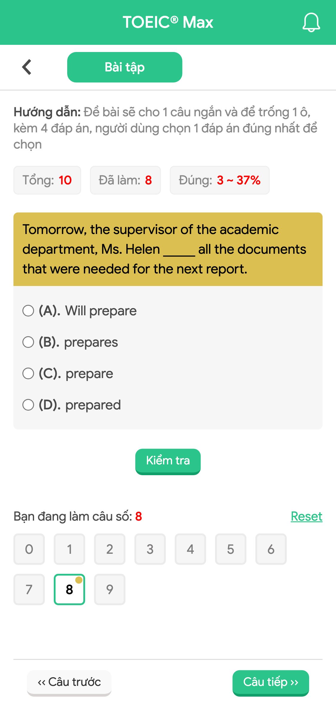 Tomorrow, the supervisor of the academic department, Ms. Helen _____ all the documents that were needed for the next report.