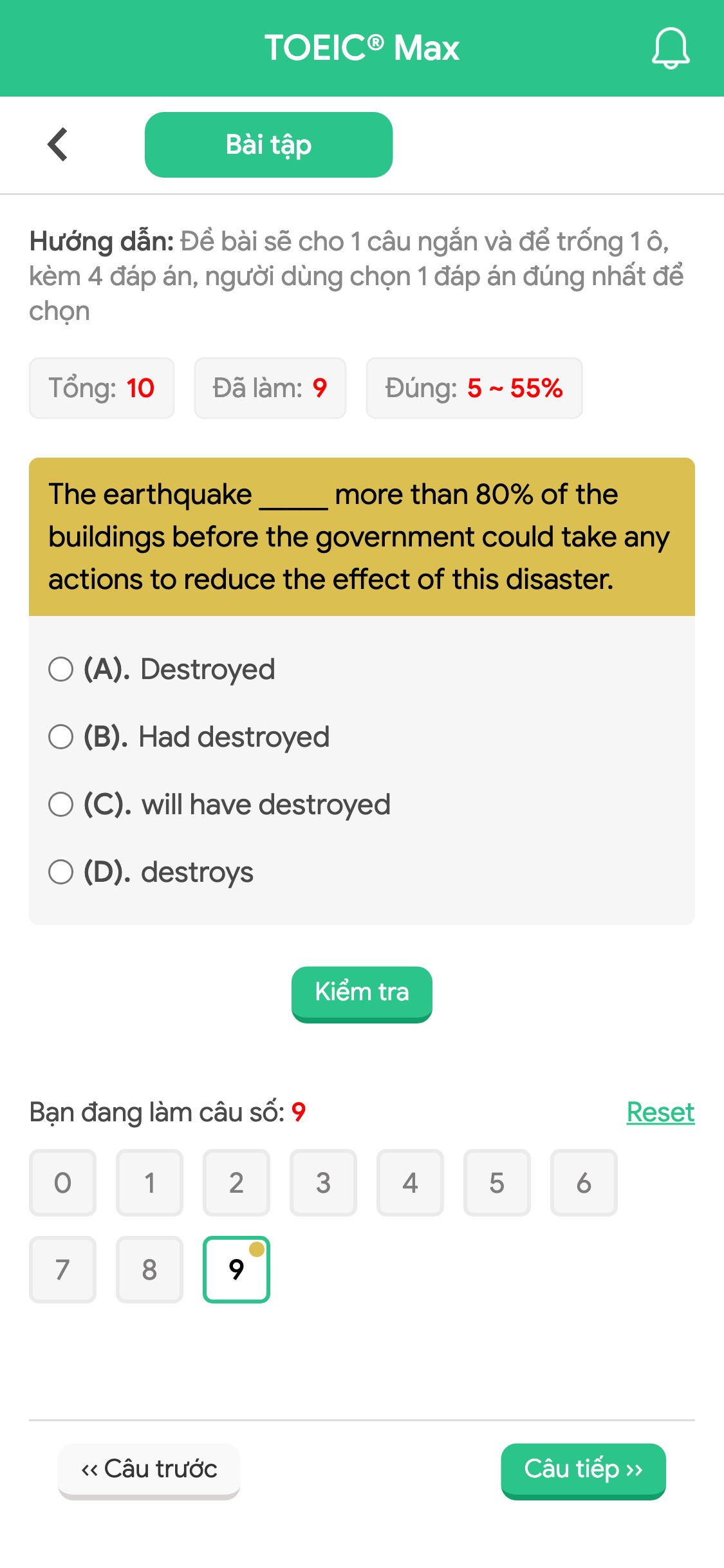 The earthquake _____ more than 80% of the buildings before the government could take any actions to reduce the effect of this disaster.