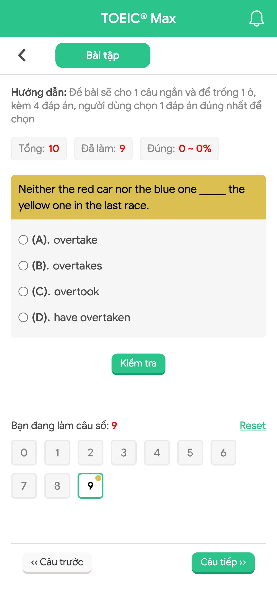 Neither the red car nor the blue one _____ the yellow one in the last race.