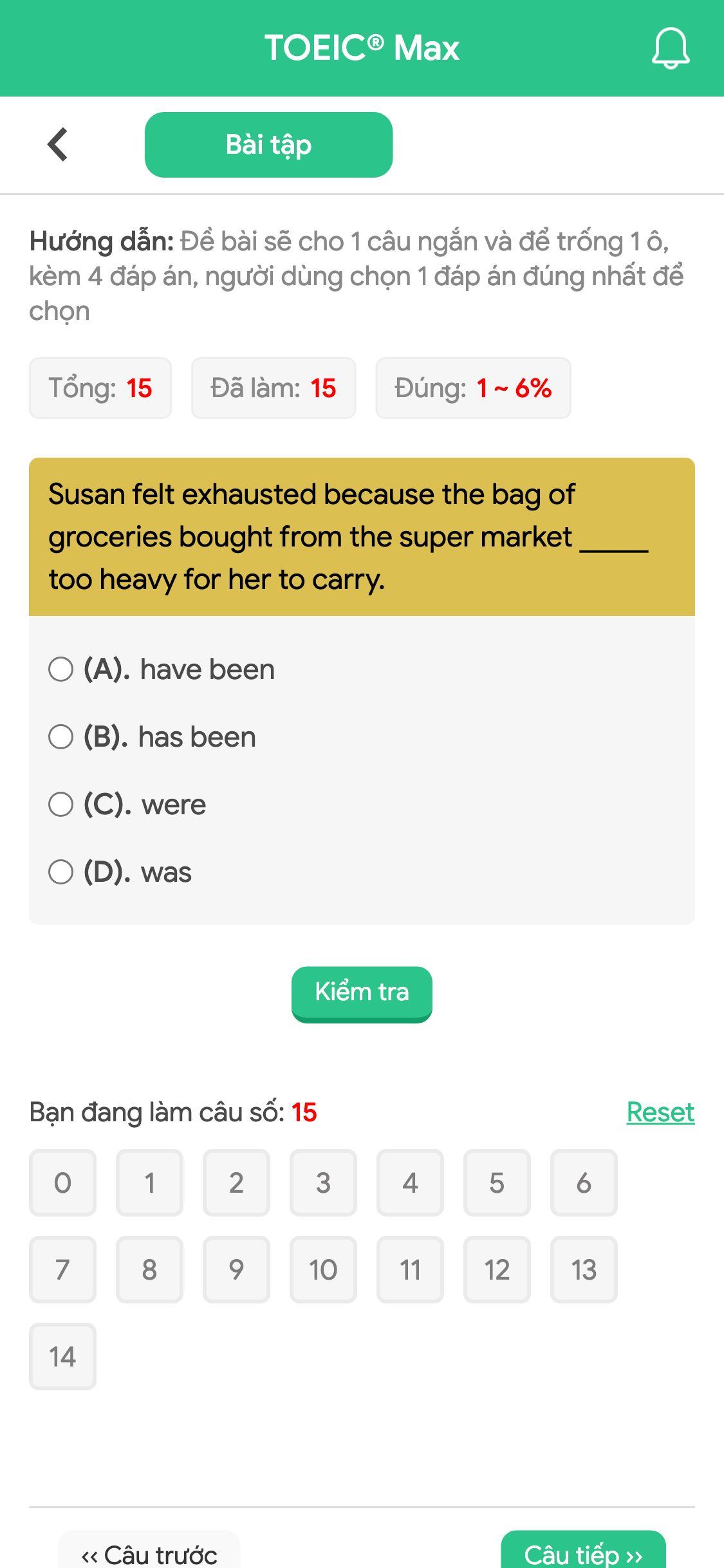 Susan felt exhausted because the bag of groceries bought from the super market _____ too heavy for her to carry.