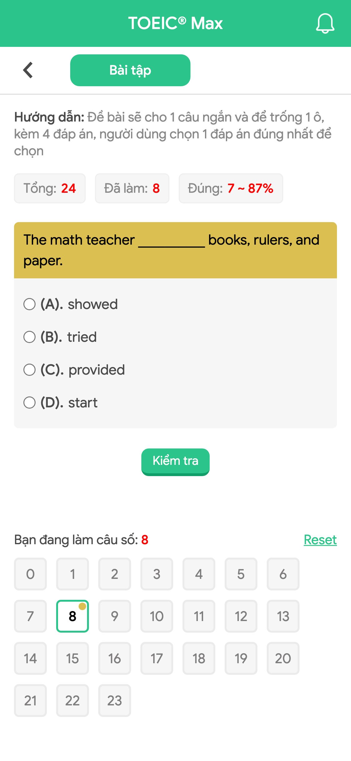 The math teacher __________ books, rulers, and paper.