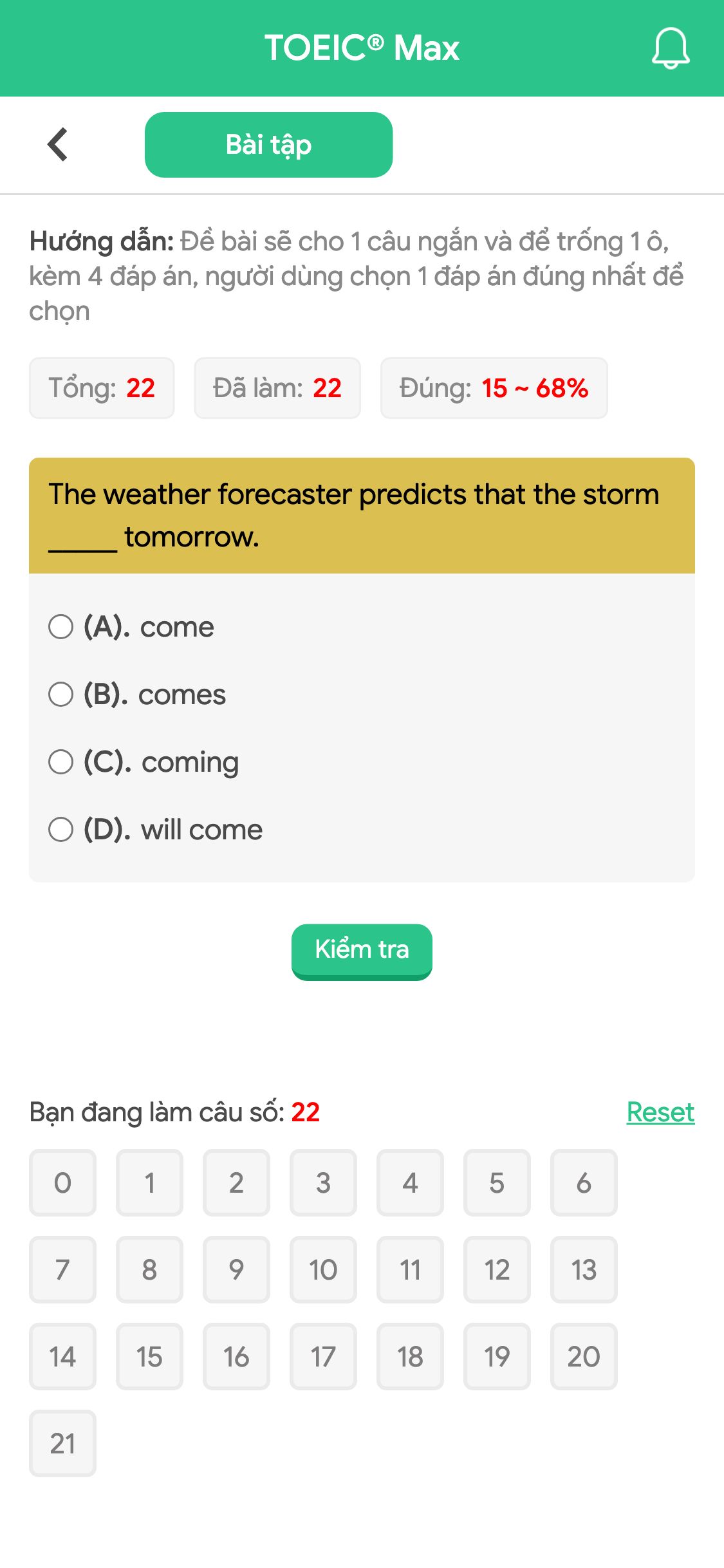 The weather forecaster predicts that the storm _____ tomorrow.