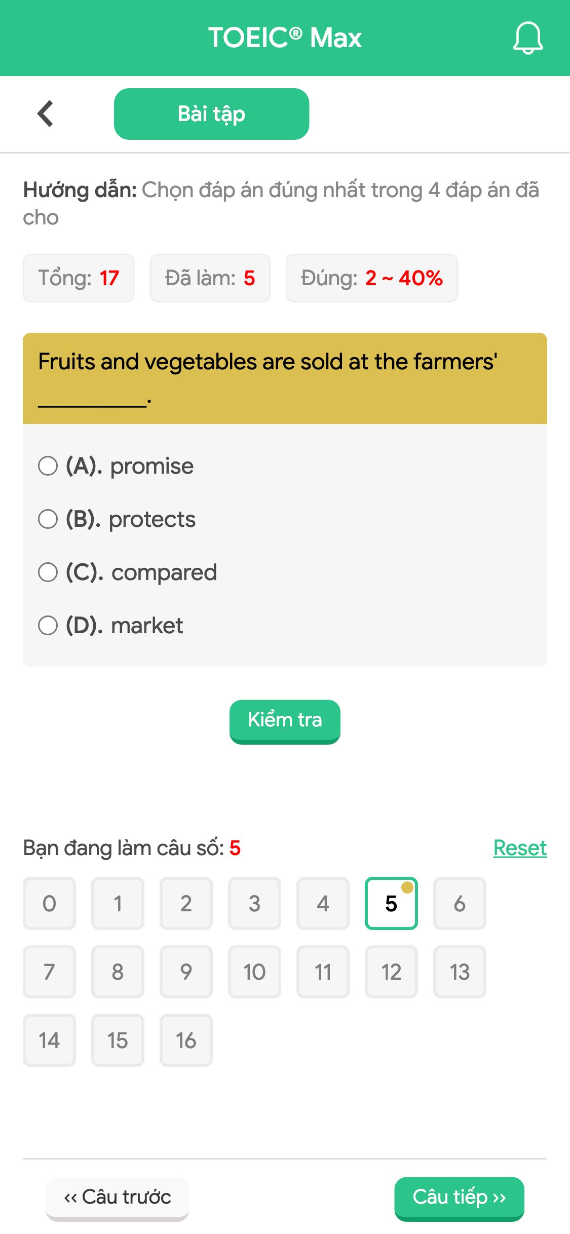 Fruits and vegetables are sold at the farmers' __________.