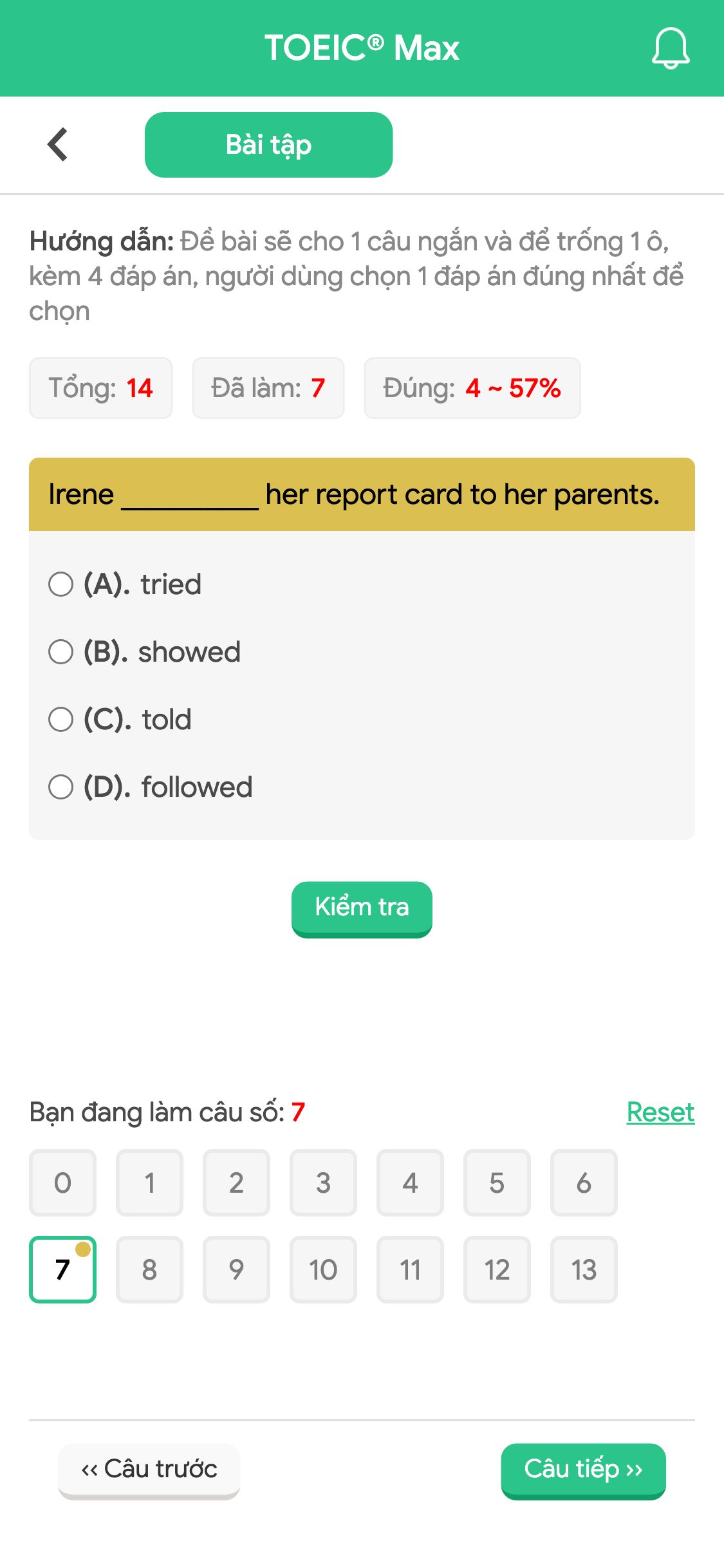 Irene __________ her report card to her parents.