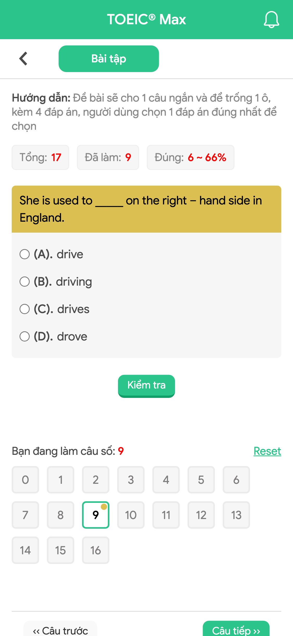 She is used to _____ on the right – hand side in England.