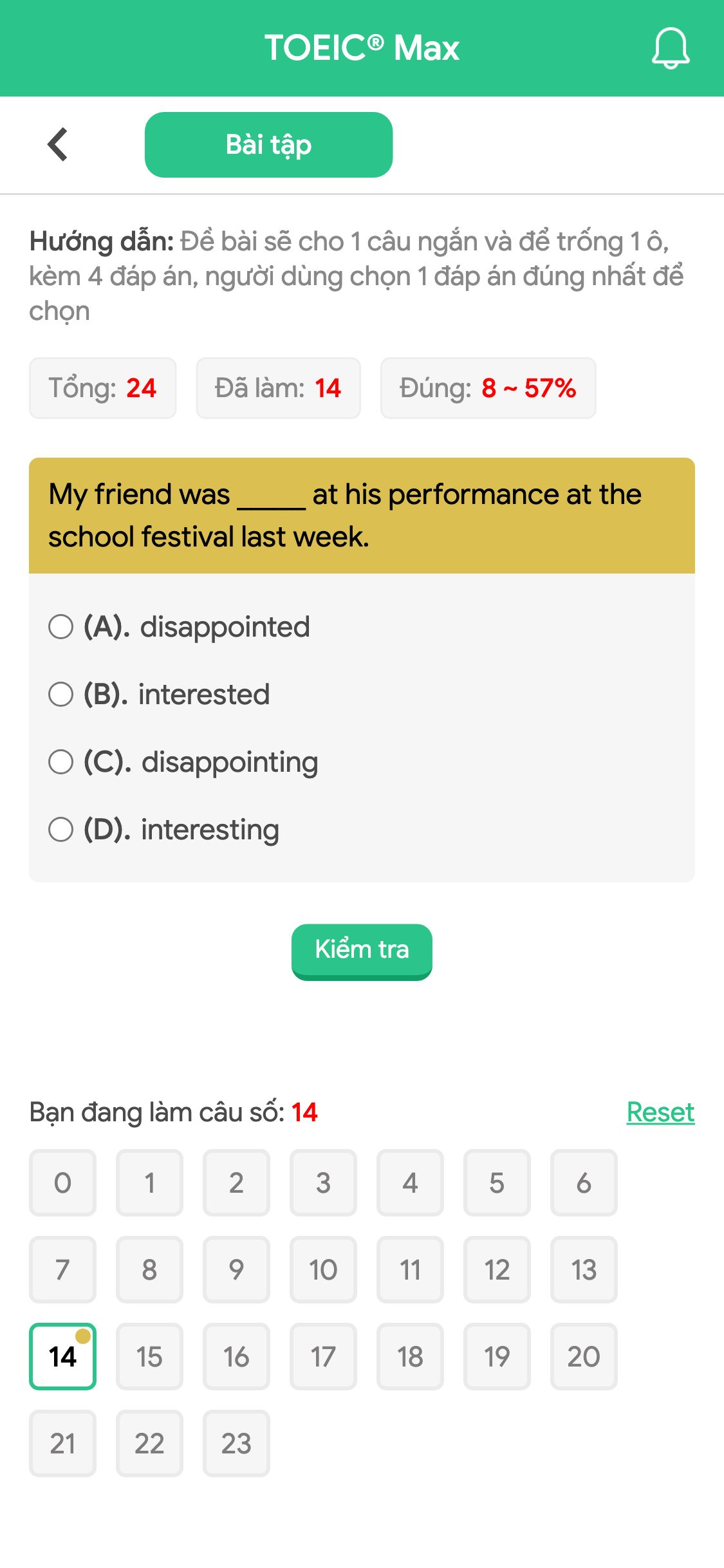 My friend was _____ at his performance at the school festival last week.