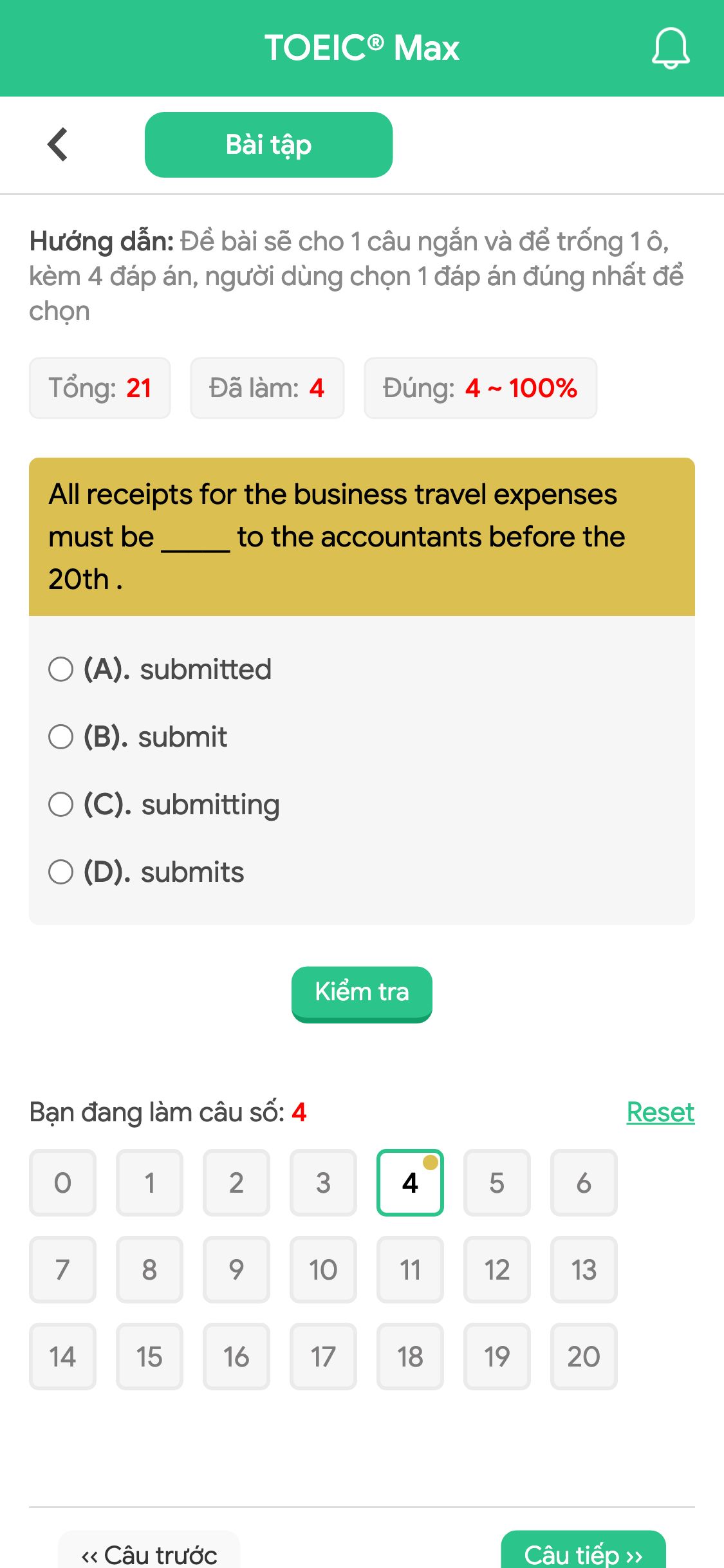 All receipts for the business travel expenses must be _____ to the accountants before the 20th .