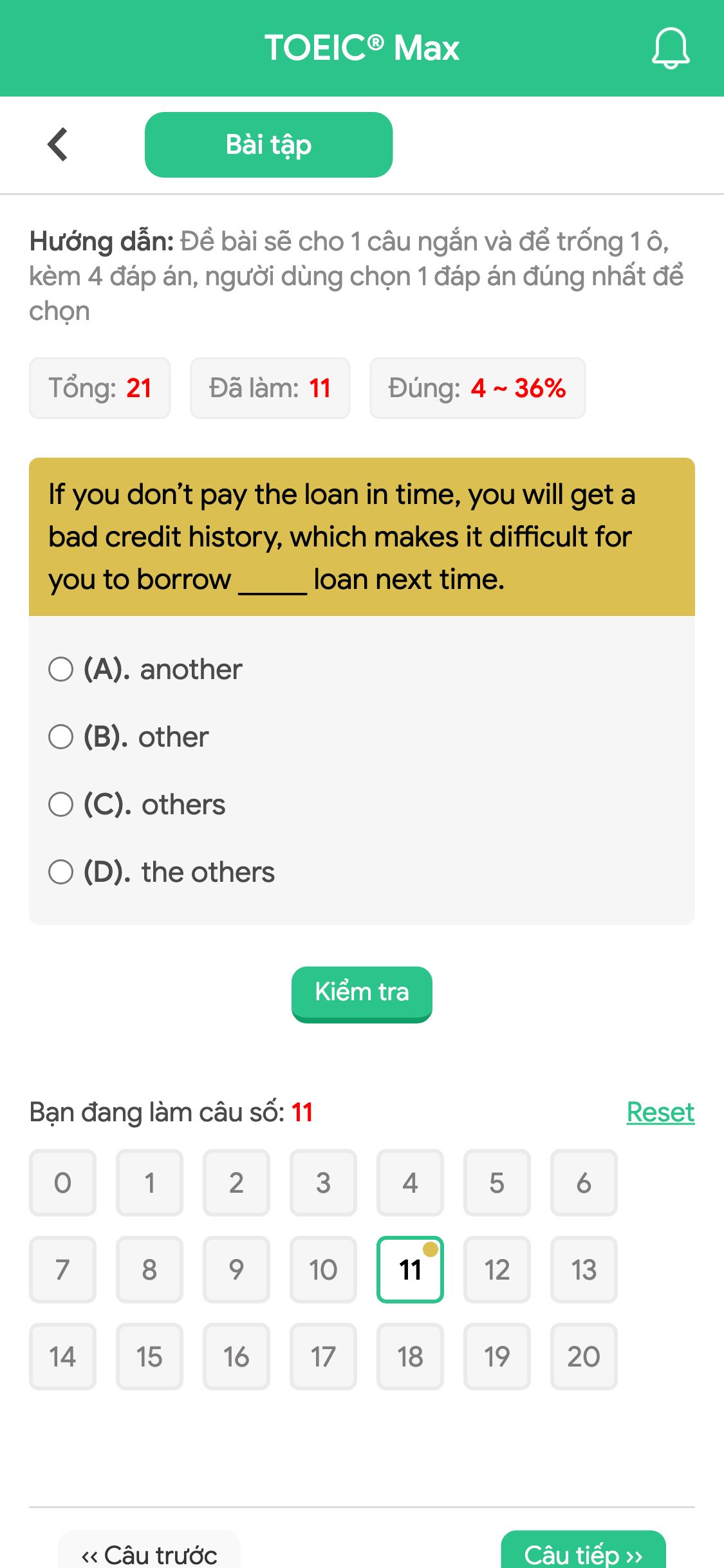 If you don’t pay the loan in time, you will get a bad credit history, which makes it difficult for you to borrow _____ loan next time.