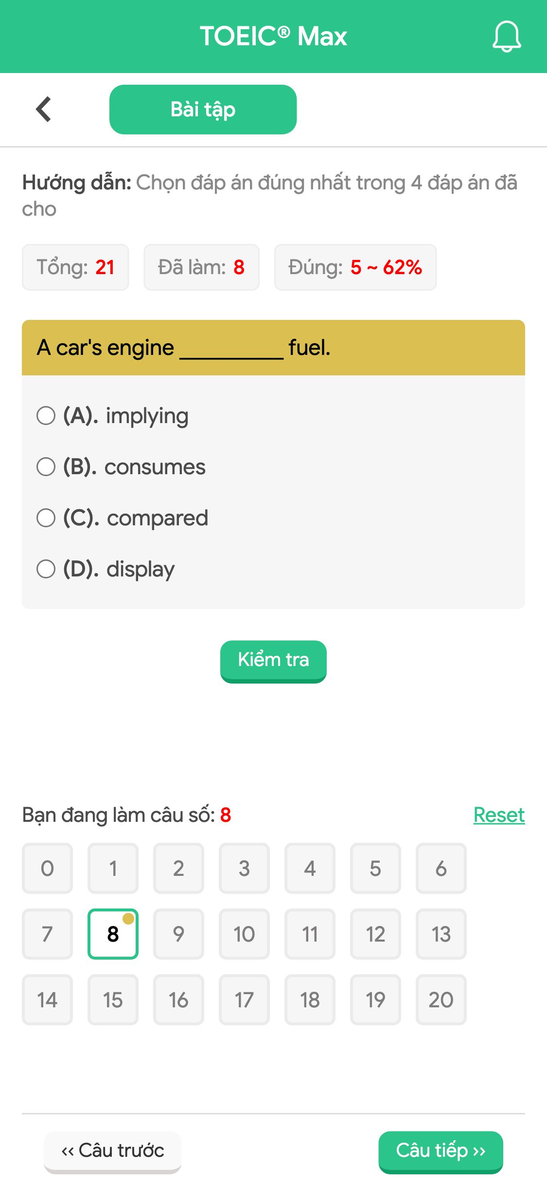 A car's engine __________ fuel.