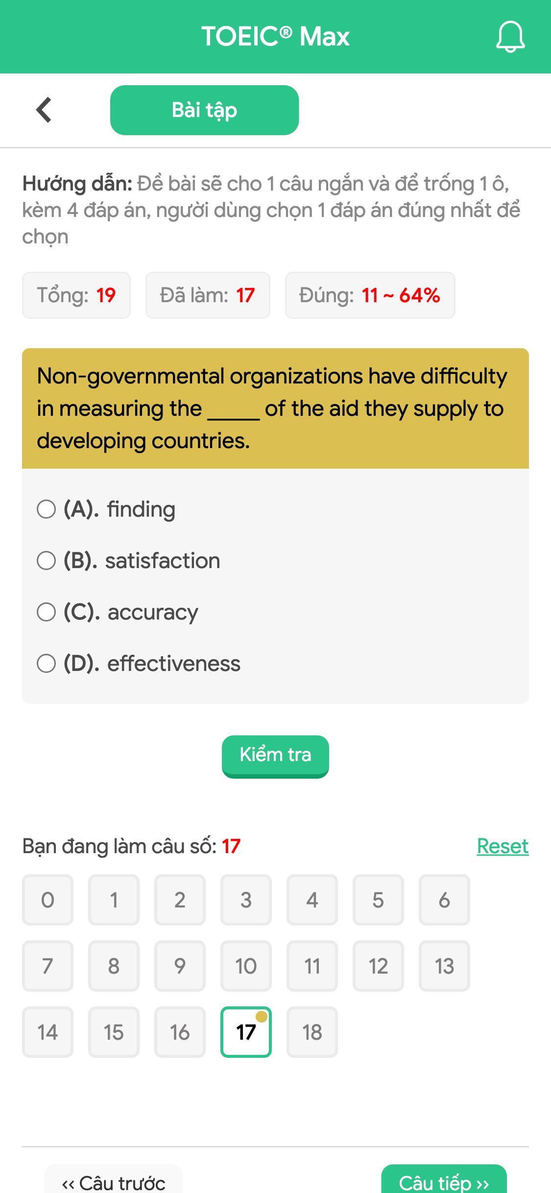 Non-governmental organizations have difficulty in measuring the _____ of the aid they supply to developing countries.