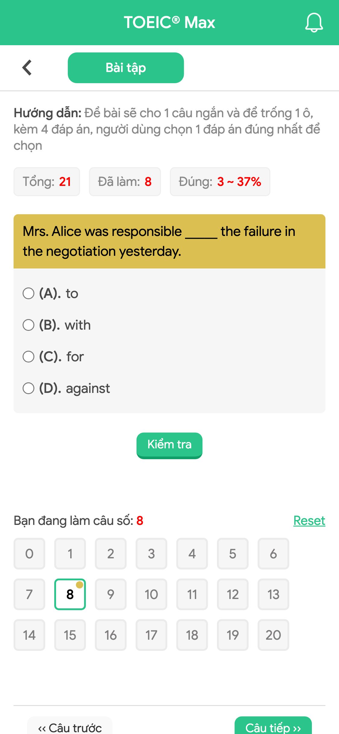 Mrs. Alice was responsible _____ the failure in the negotiation yesterday.