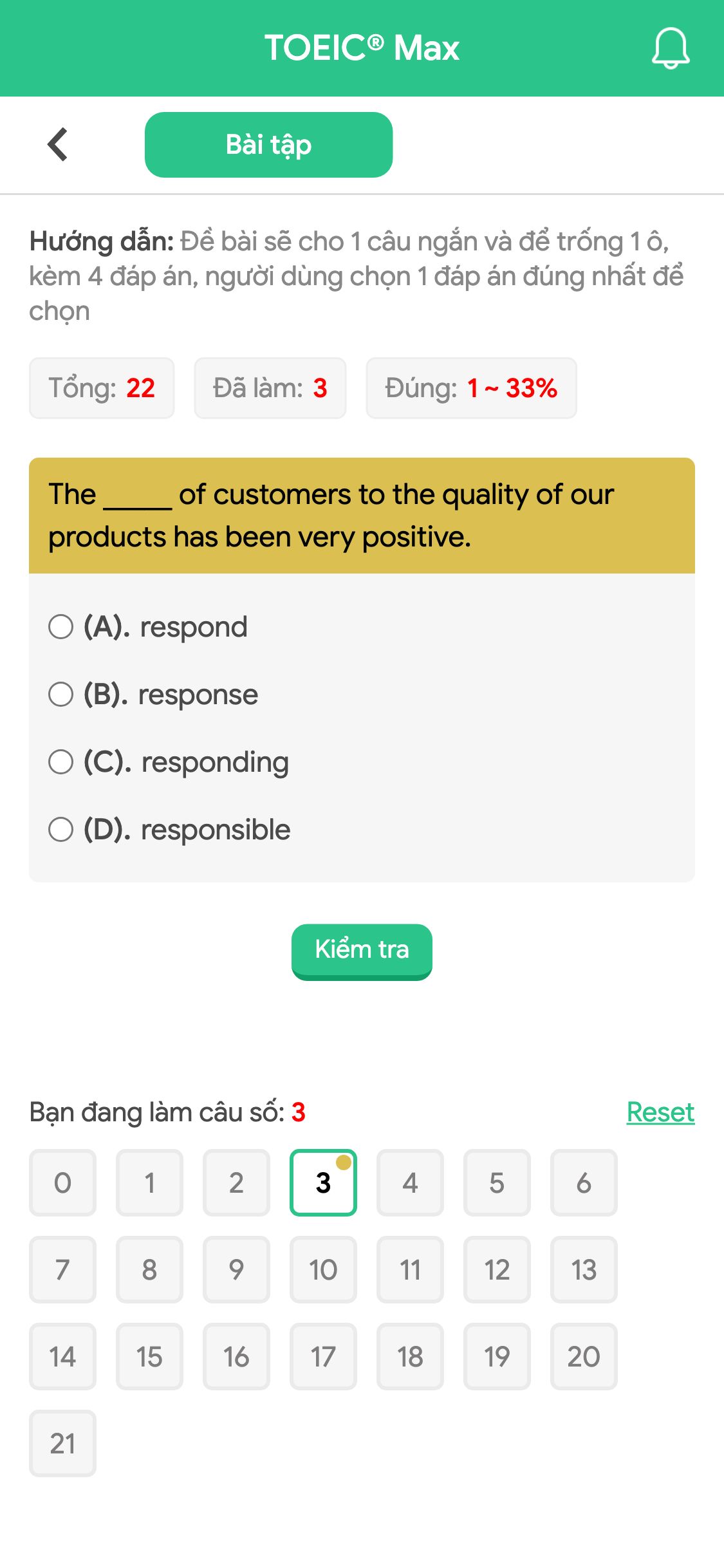 The _____ of customers to the quality of our products has been very positive.