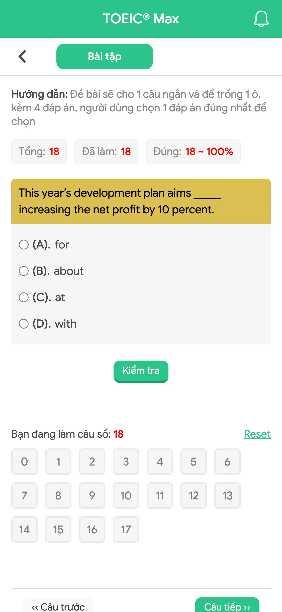 This year’s development plan aims _____ increasing the net profit by 10 percent.