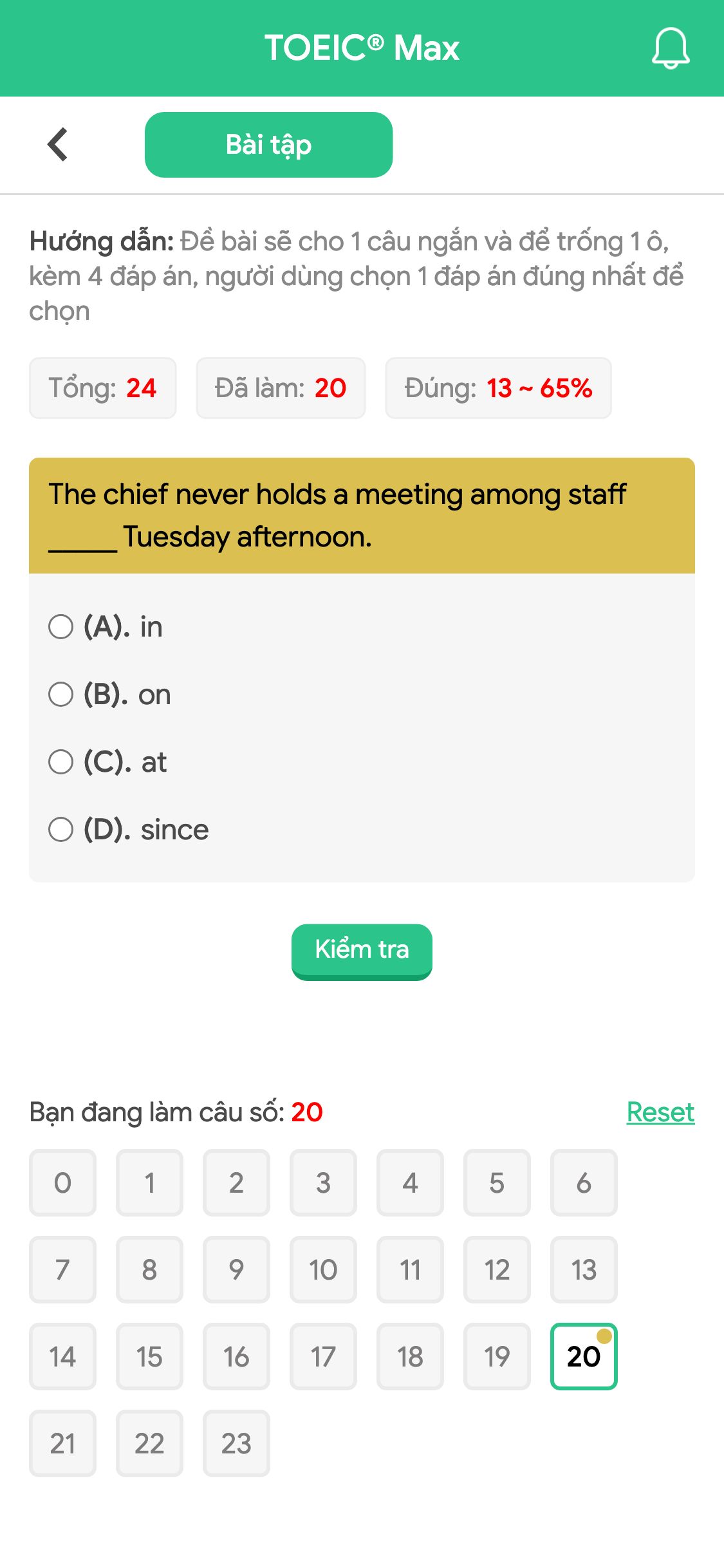 The chief never holds a meeting among staff _____ Tuesday afternoon.