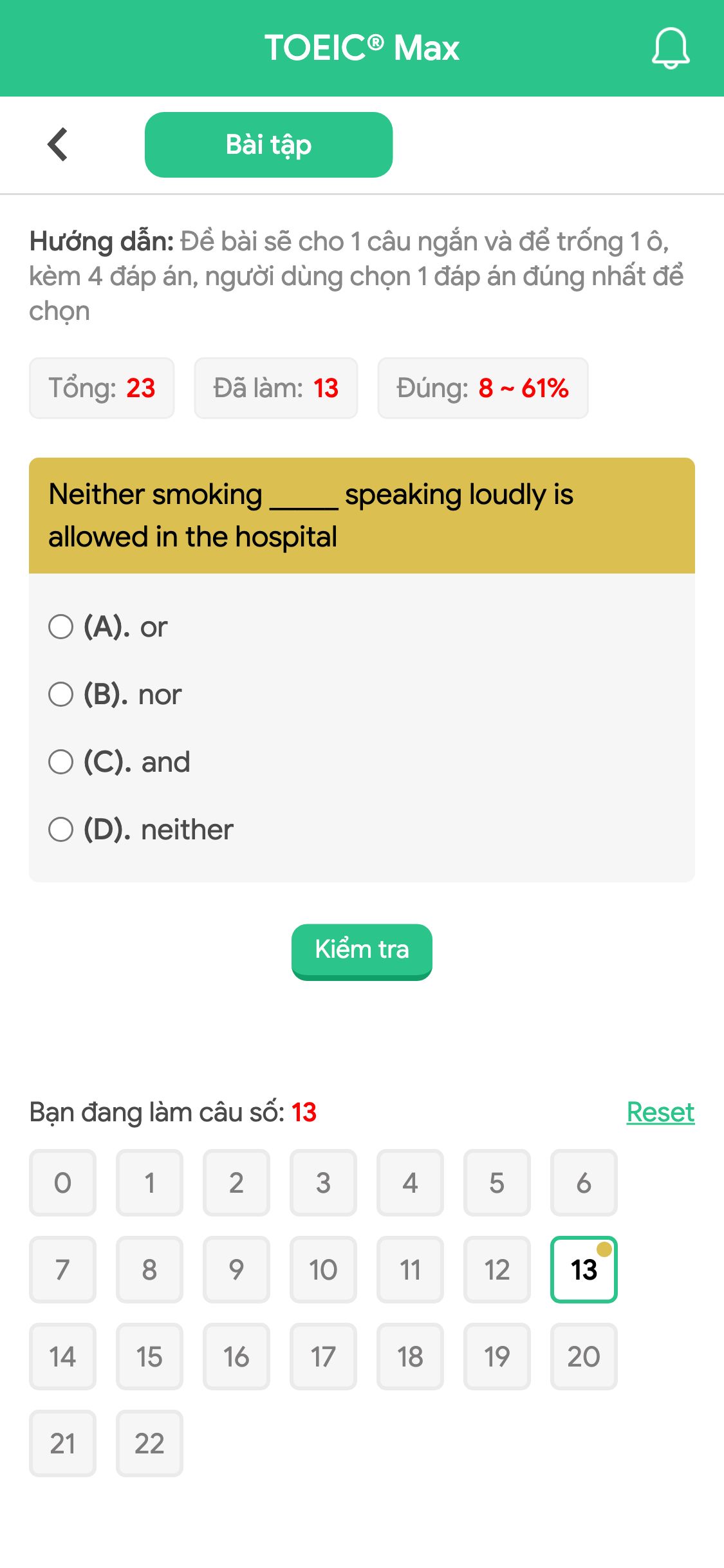 Neither smoking _____ speaking loudly is allowed in the hospital