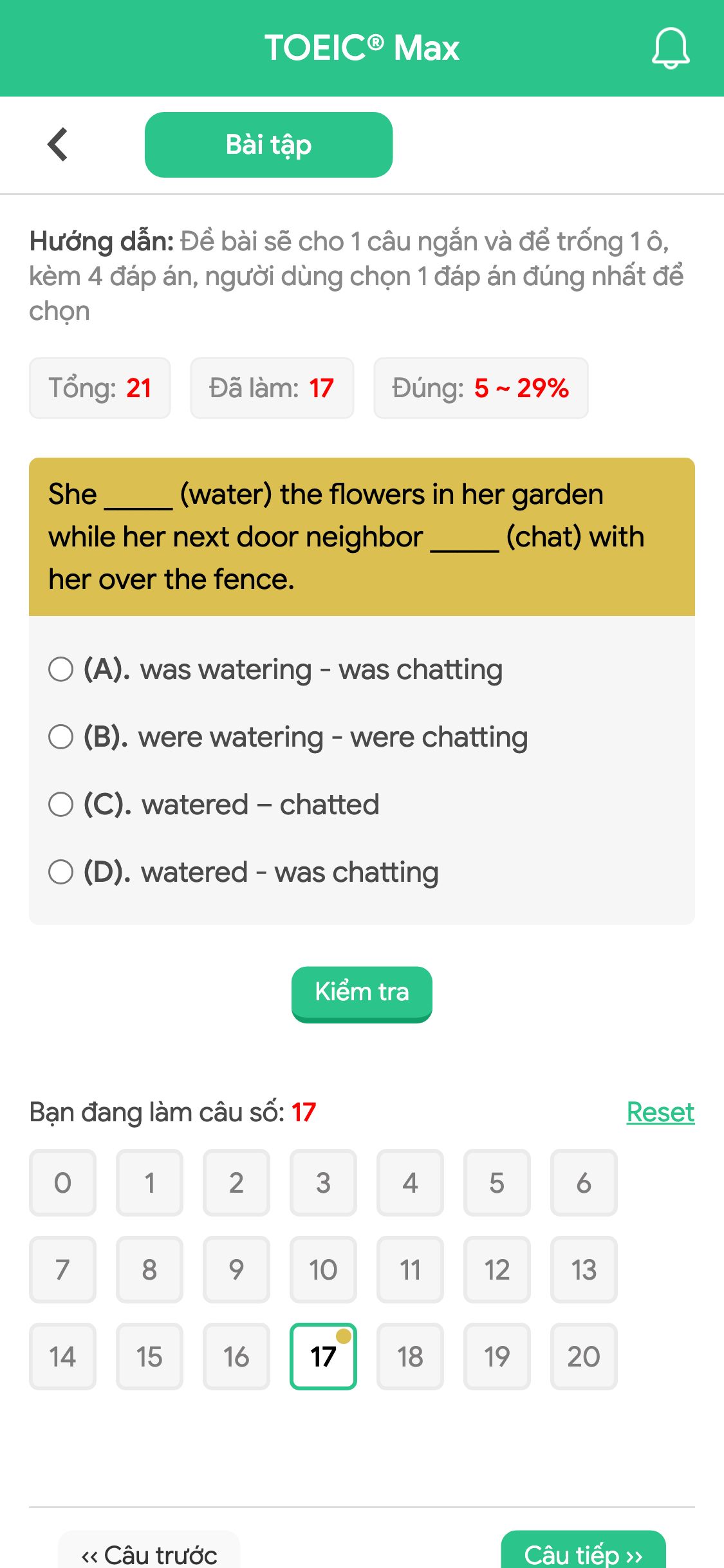 She _____ (water) the flowers in her garden while her next door neighbor _____ (chat) with her over the fence.