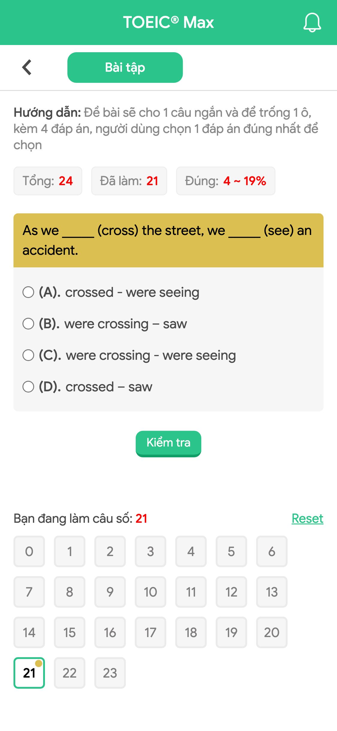 As we _____ (cross) the street, we _____ (see) an accident.