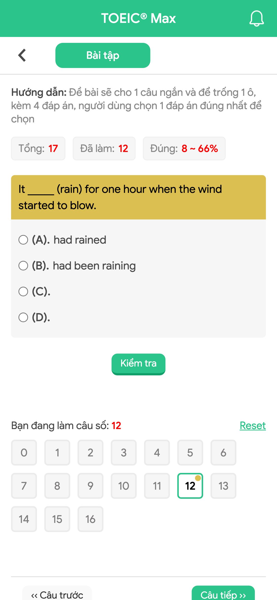 It _____ (rain) for one hour when the wind started to blow.