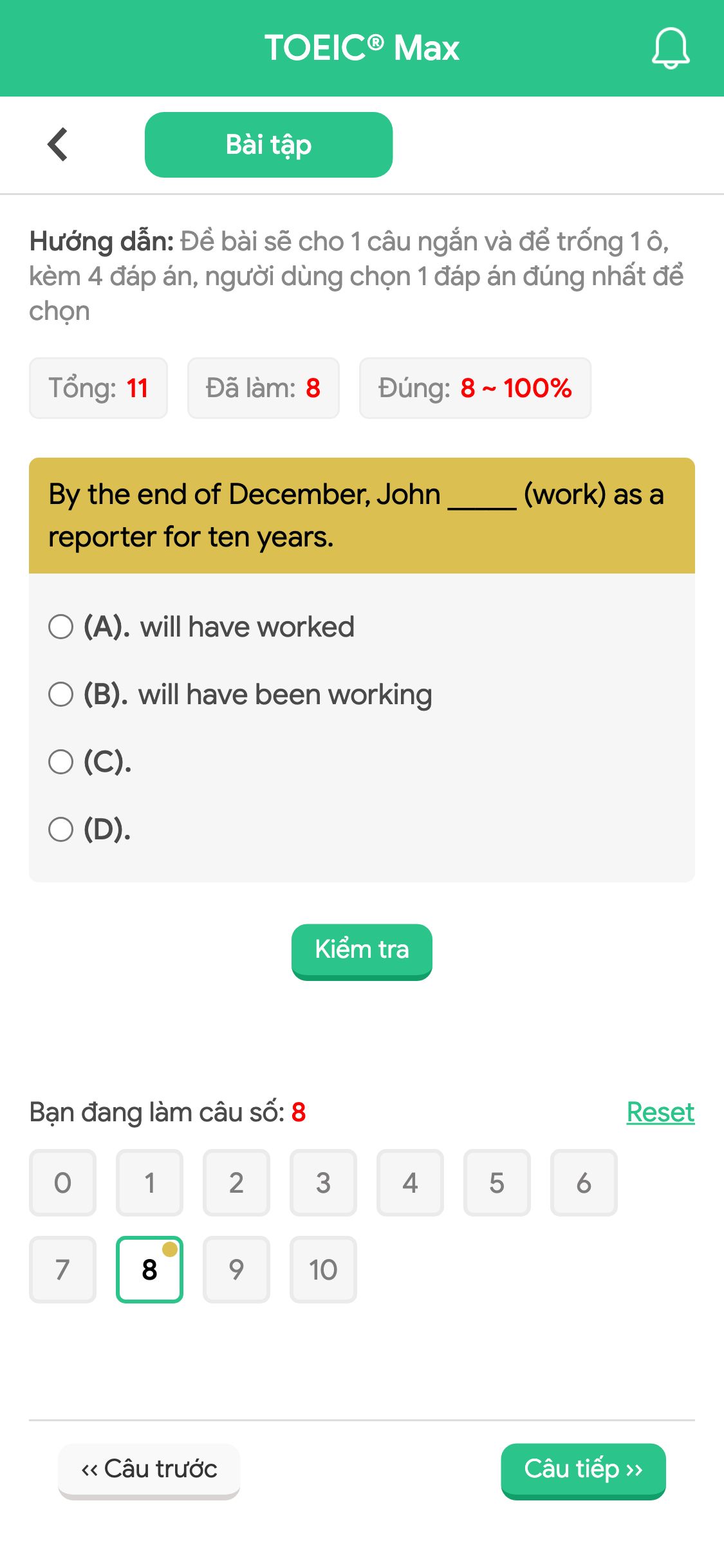 By the end of December, John _____ (work) as a reporter for ten years.