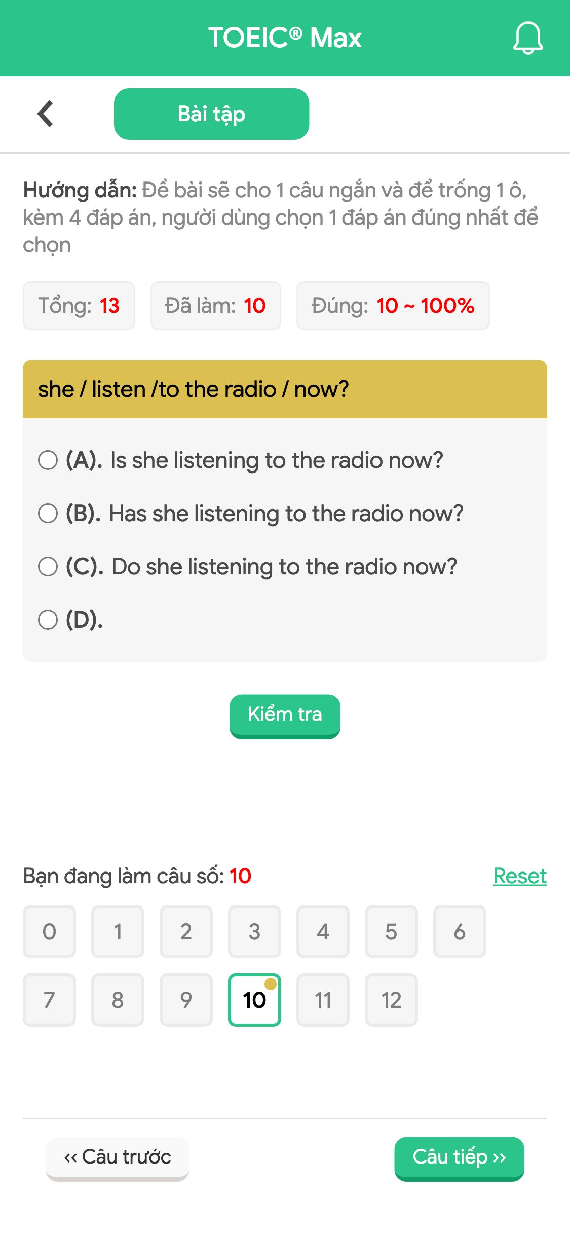 she / listen /to the radio / now?