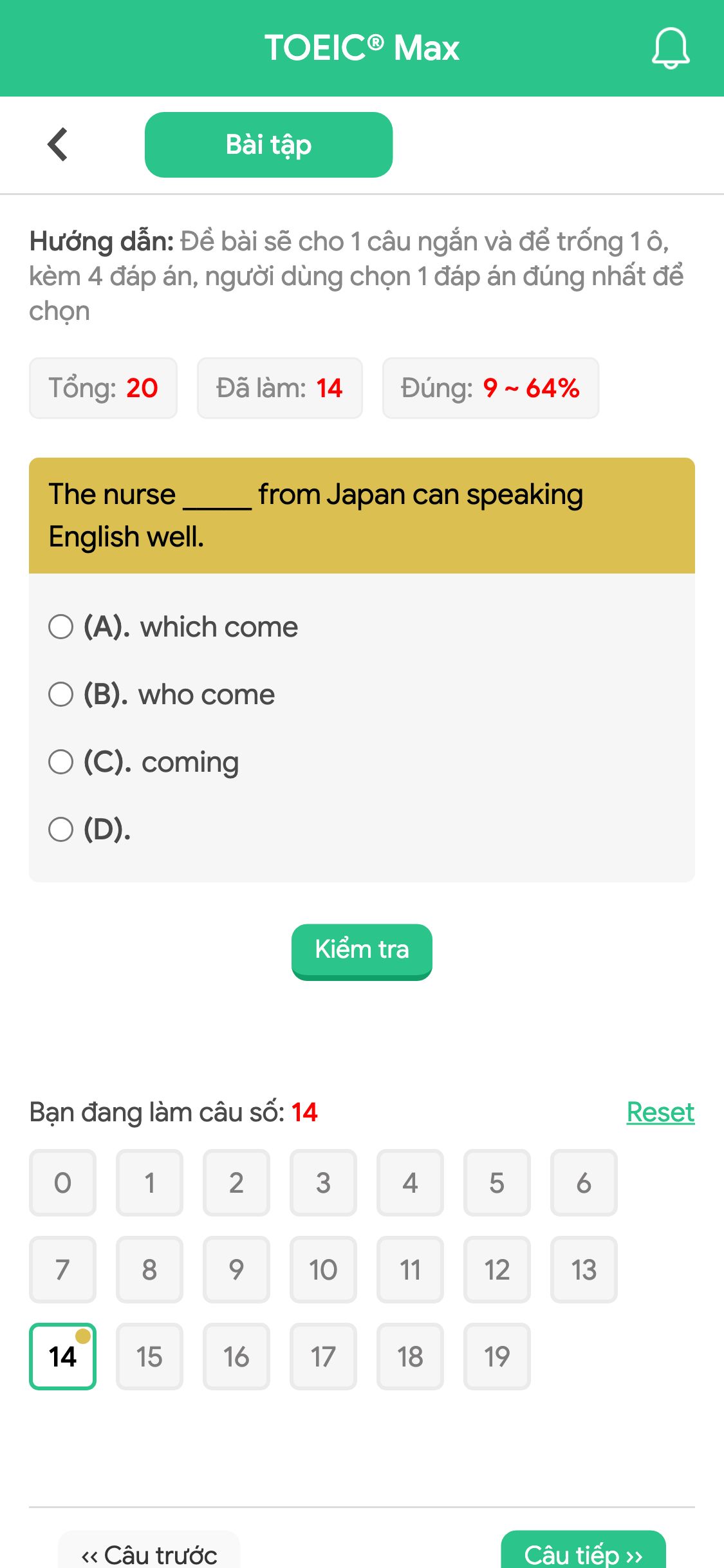 The nurse _____ from Japan can speaking English well.