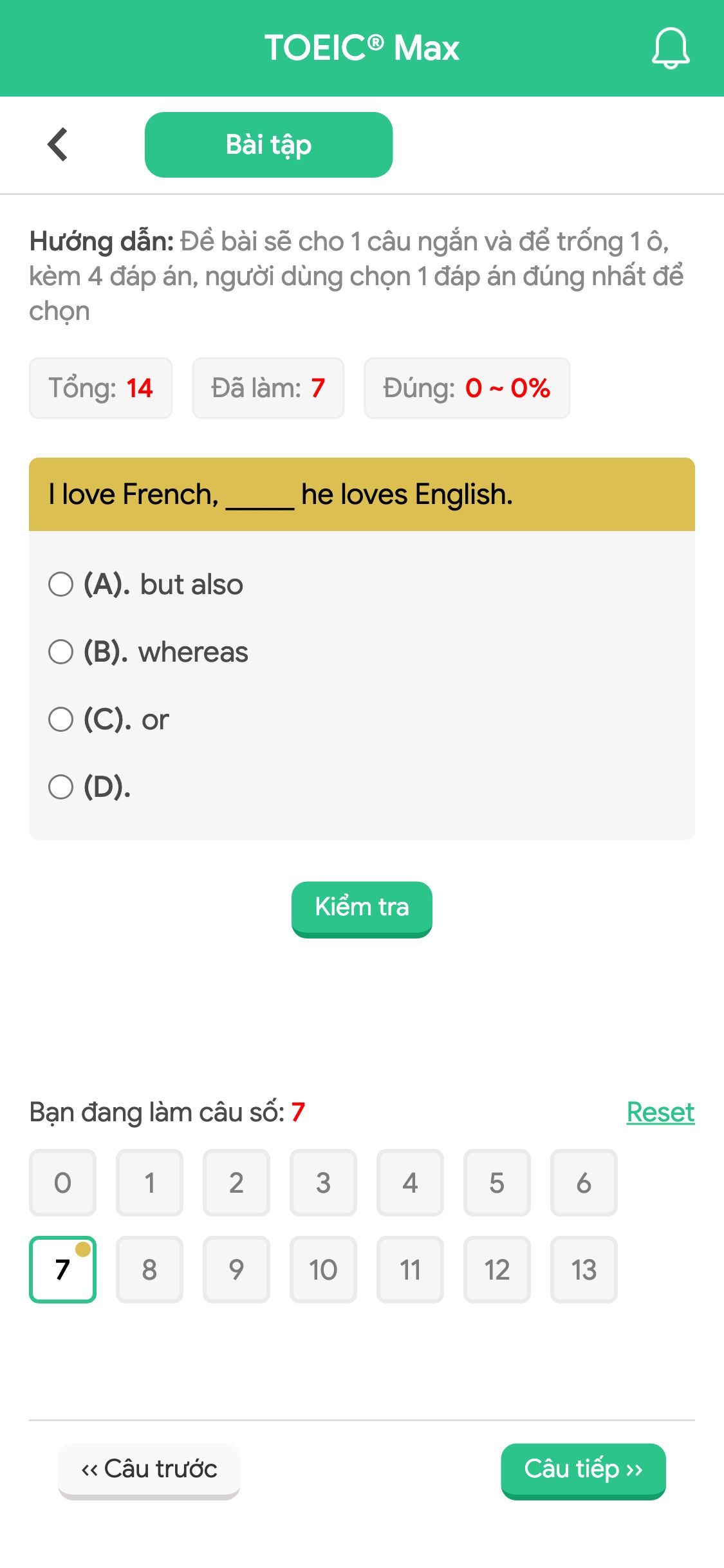 I love French, _____ he loves English.