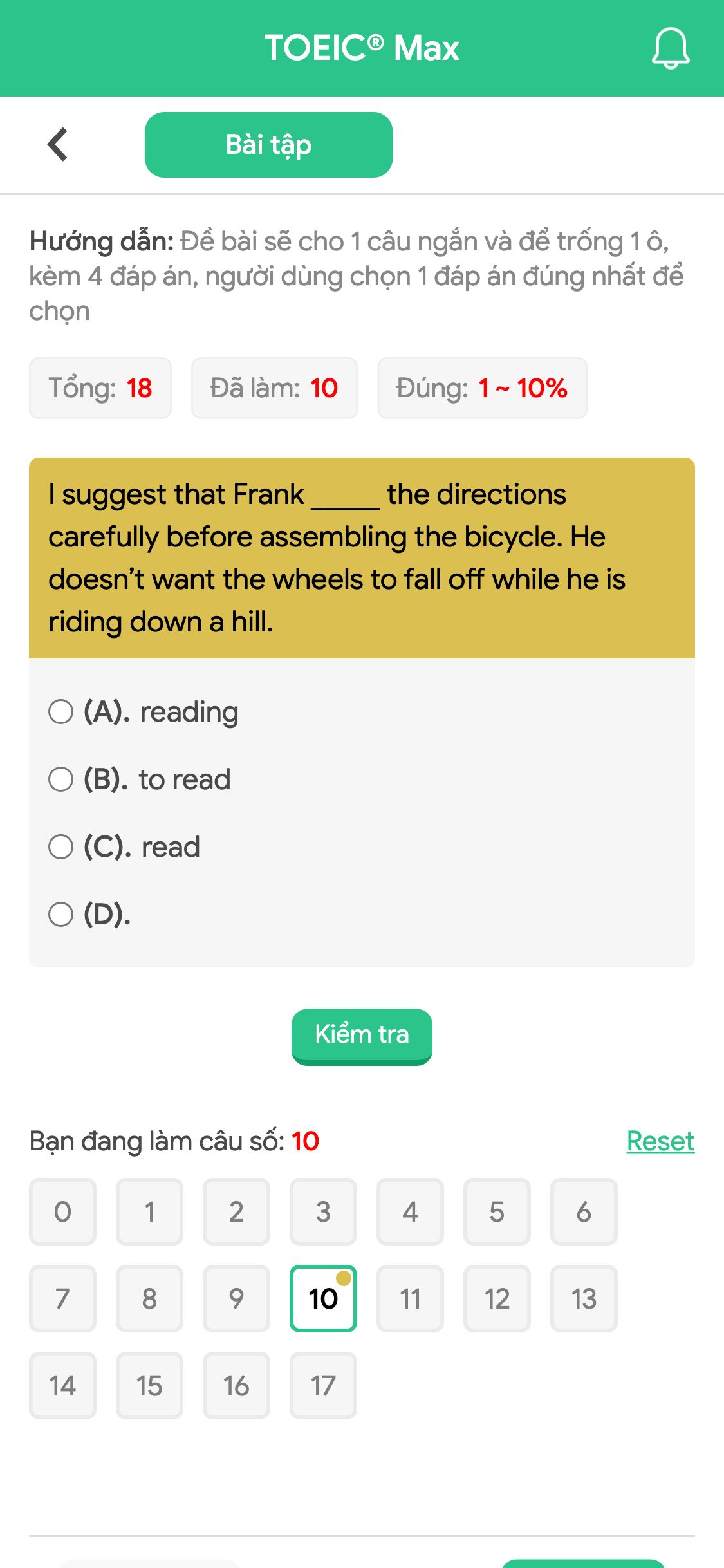 I suggest that Frank _____ the directions carefully before assembling the bicycle. He doesn’t want the wheels to fall off while he is riding down a hill.