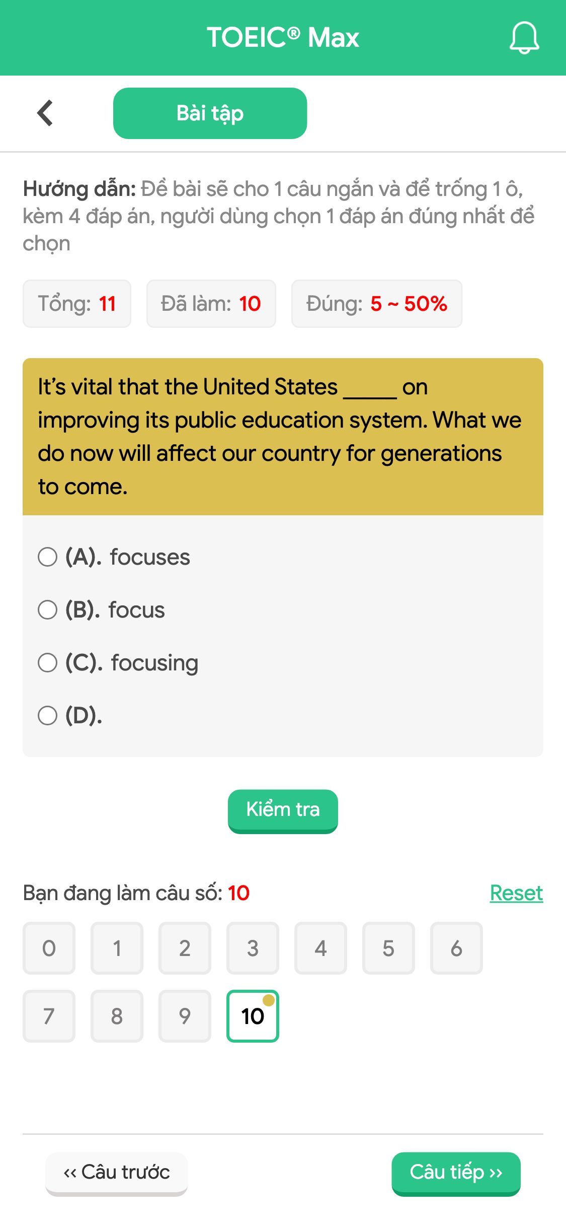 It’s vital that the United States _____ on improving its public education system. What we do now will affect our country for generations to come.