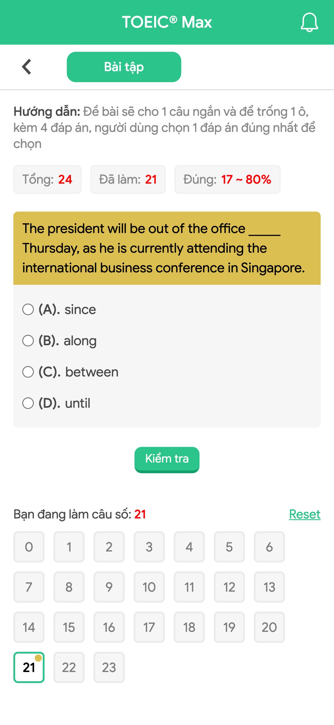 The president will be out of the office _____ Thursday, as he is currently attending the international business conference in Singapore.