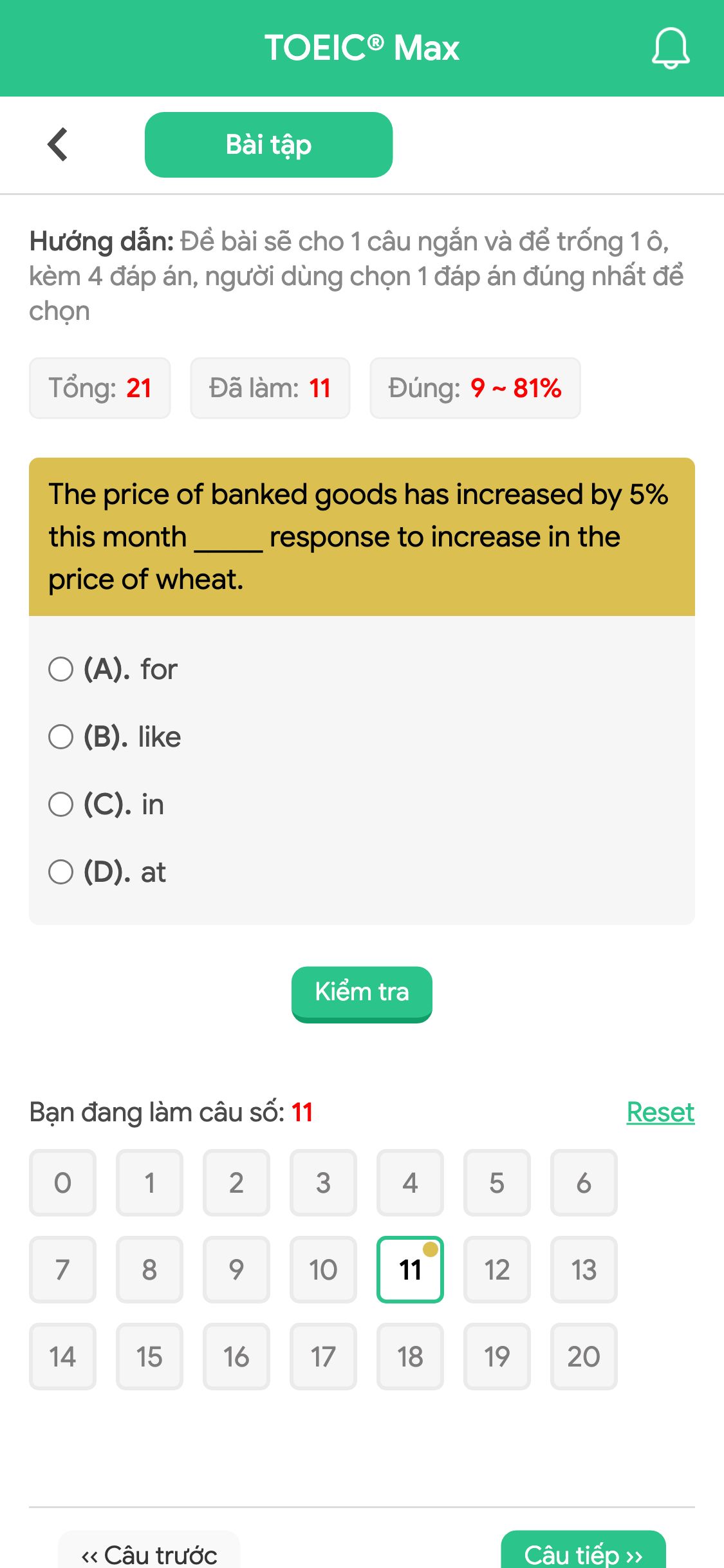 The price of banked goods has increased by 5% this month _____ response to increase in the price of wheat.