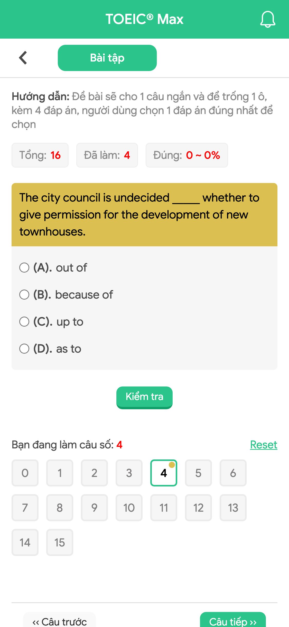 The city council is undecided _____ whether to give permission for the development of new townhouses.