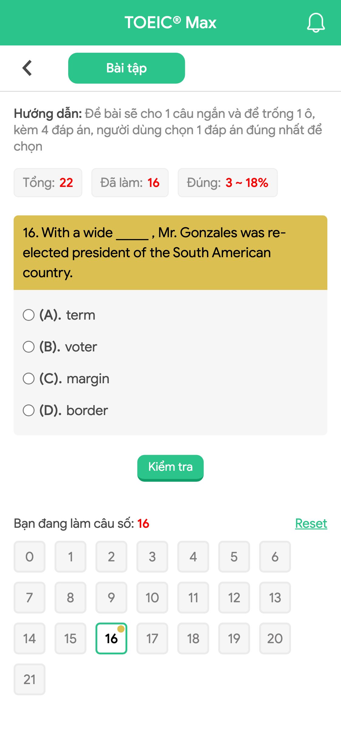 16. With a wide _____ , Mr. Gonzales was re- elected president of the South American country.