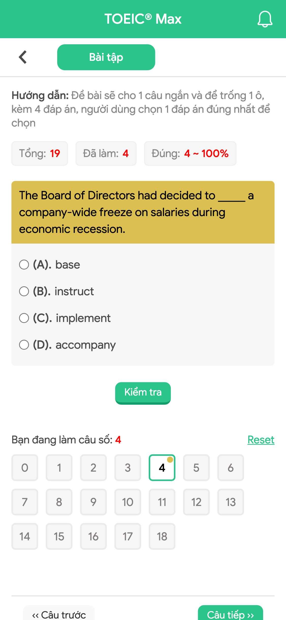 The Board of Directors had decided to _____ a company-wide freeze on salaries during economic recession.