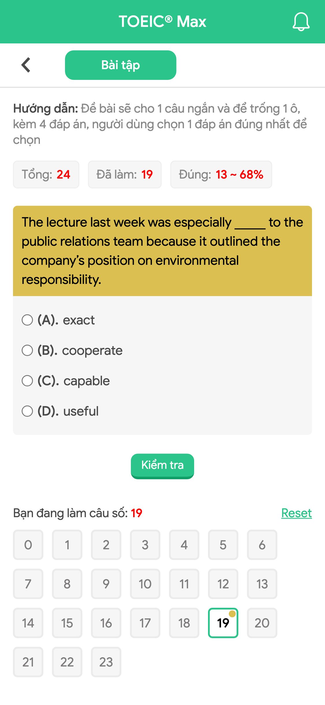 The lecture last week was especially _____ to the public relations team because it outlined the company’s position on environmental responsibility.