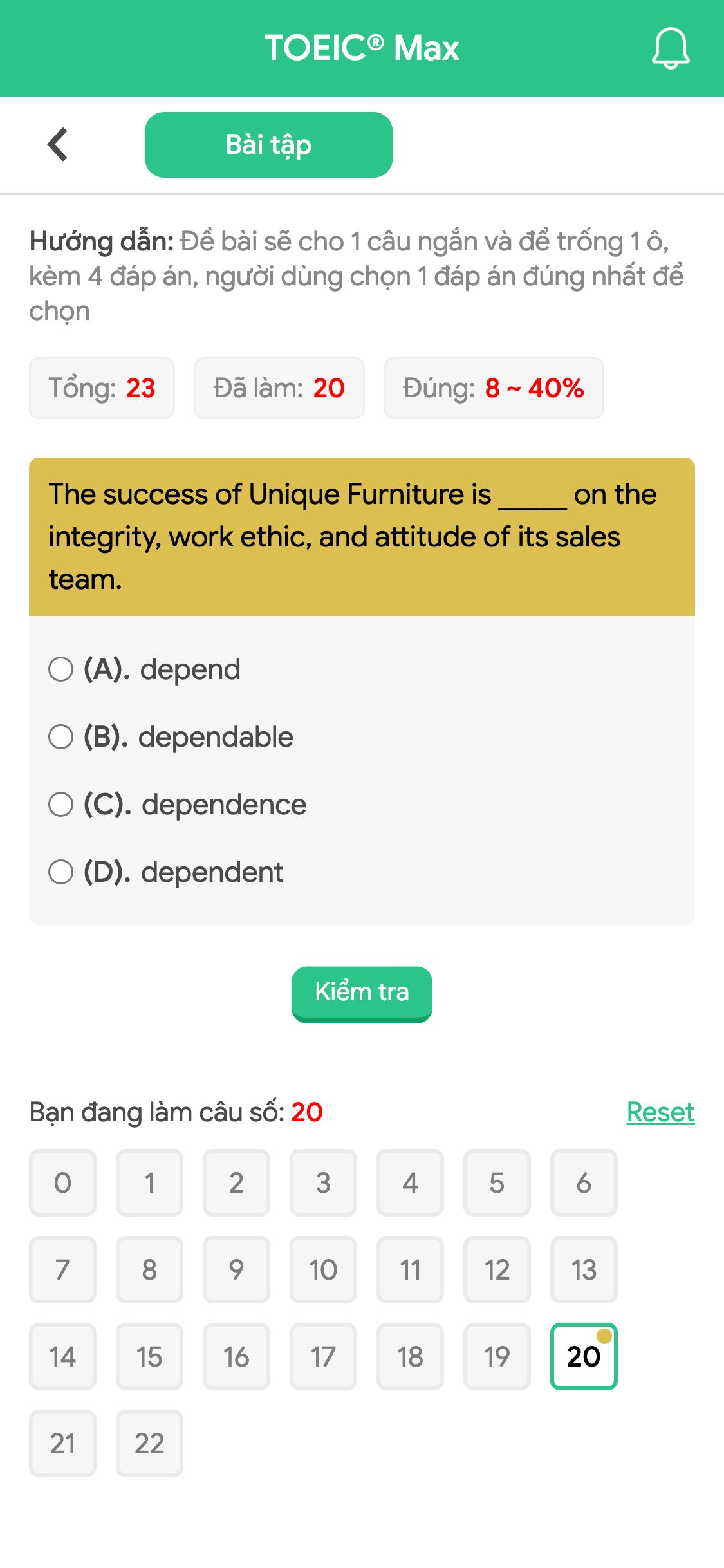 The success of Unique Furniture is _____ on the integrity, work ethic, and attitude of its sales team.