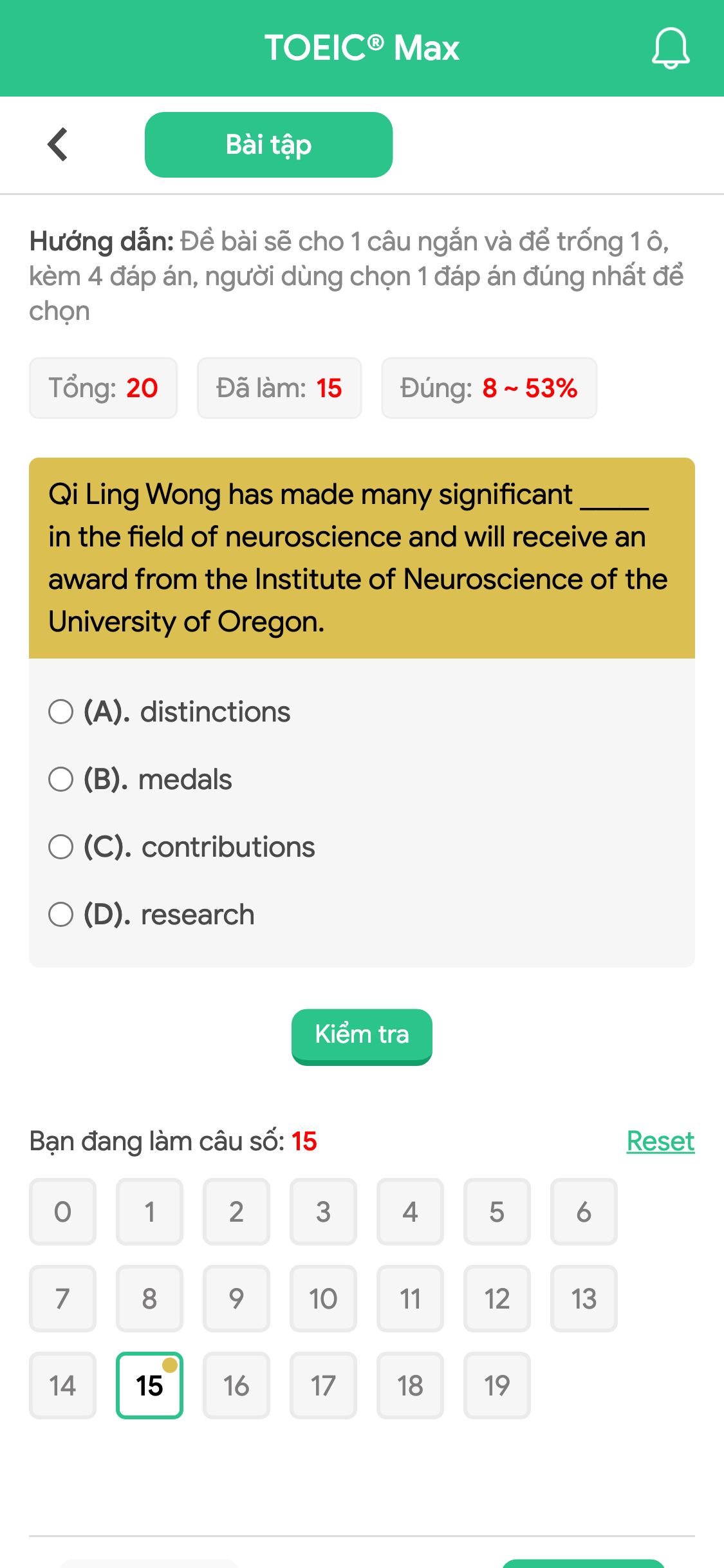 Qi Ling Wong has made many significant _____ in the field of neuroscience and will receive an award from the Institute of Neuroscience of the University of Oregon.