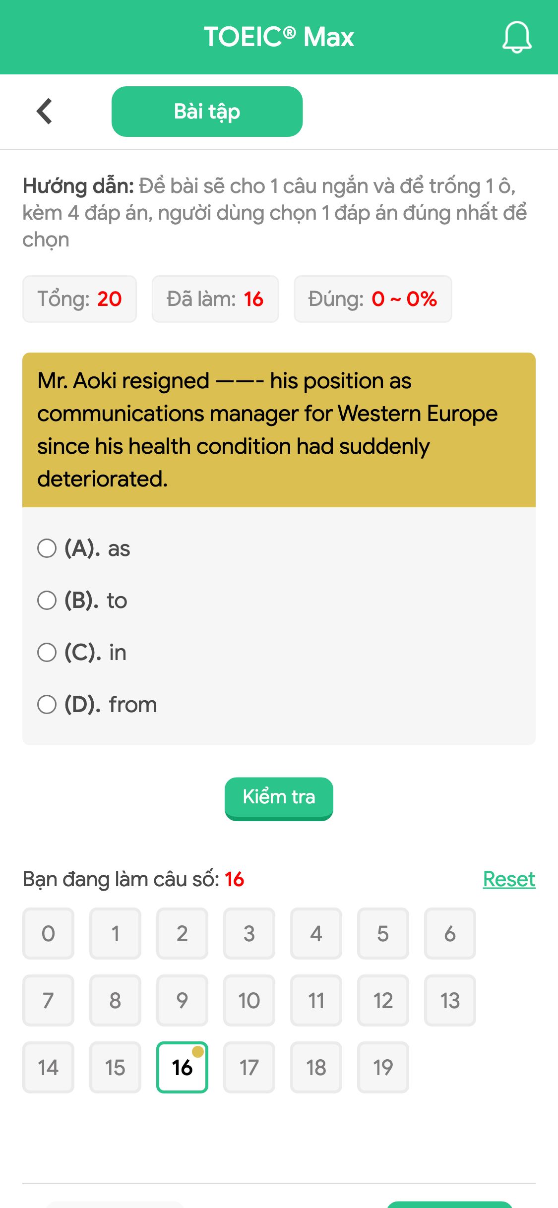 Mr. Aoki resigned ——- his position as communications manager for Western Europe since his health condition had suddenly deteriorated.