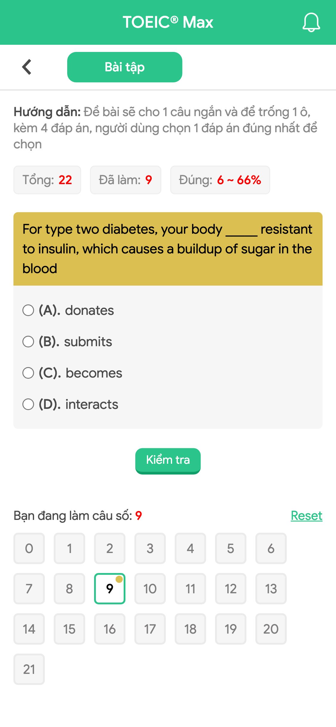 For type two diabetes, your body _____ resistant to insulin, which causes a buildup of sugar in the blood