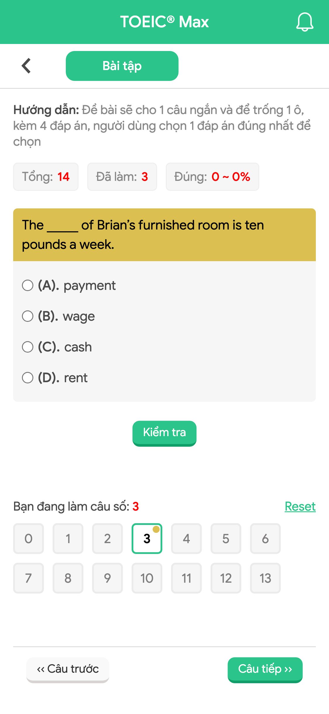 The _____ of Brian’s furnished room is ten pounds a week.