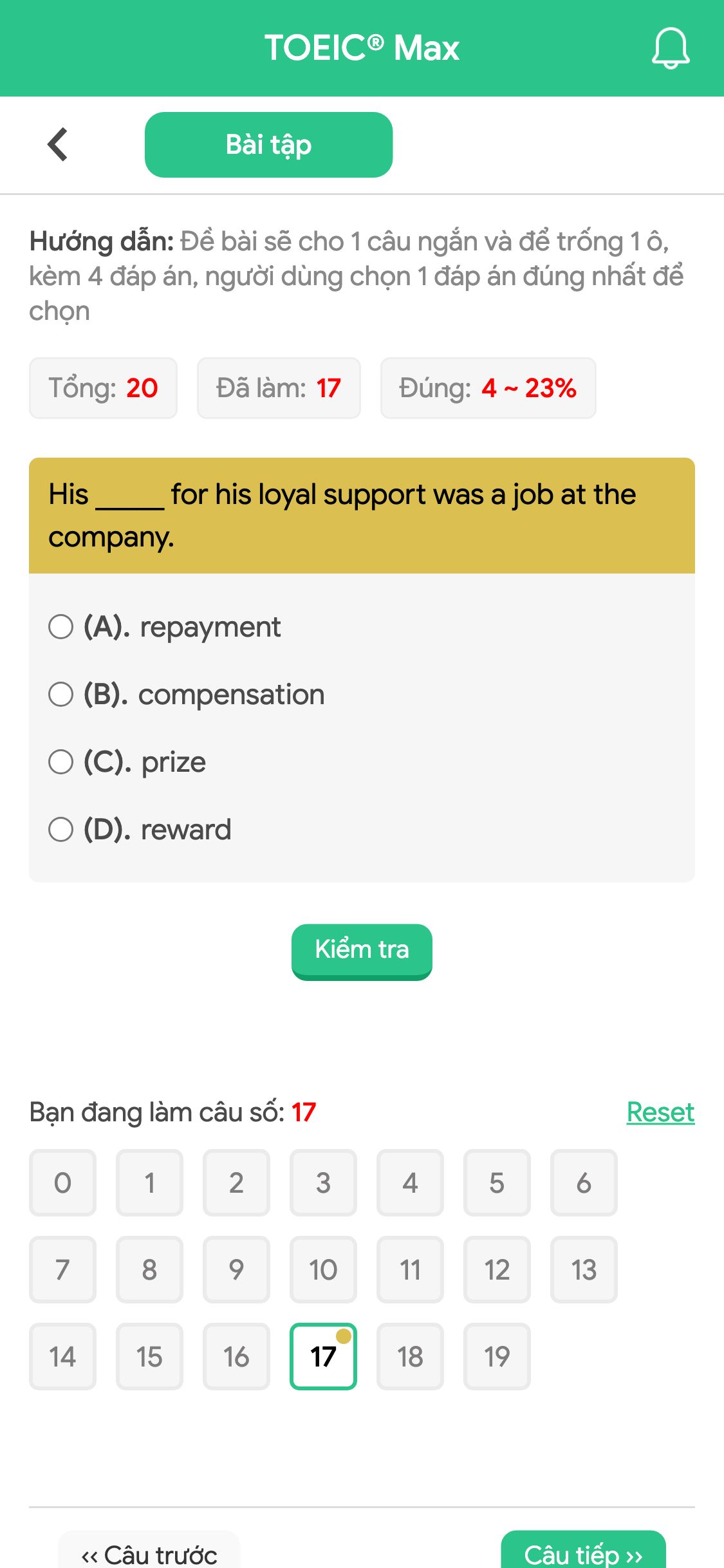 His _____ for his loyal support was a job at the company.