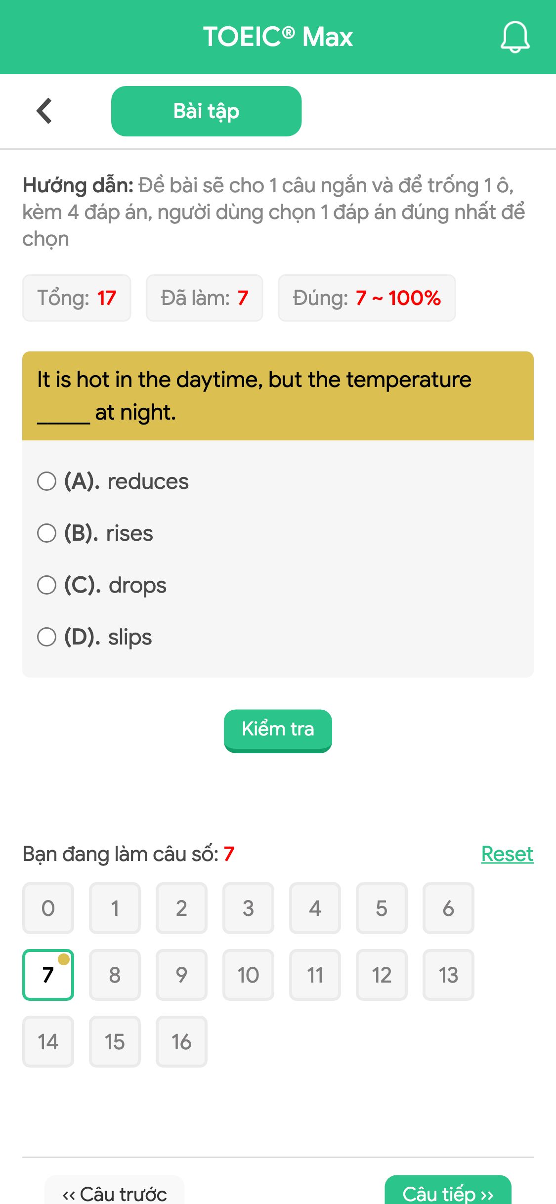 It is hot in the daytime, but the temperature _____ at night.