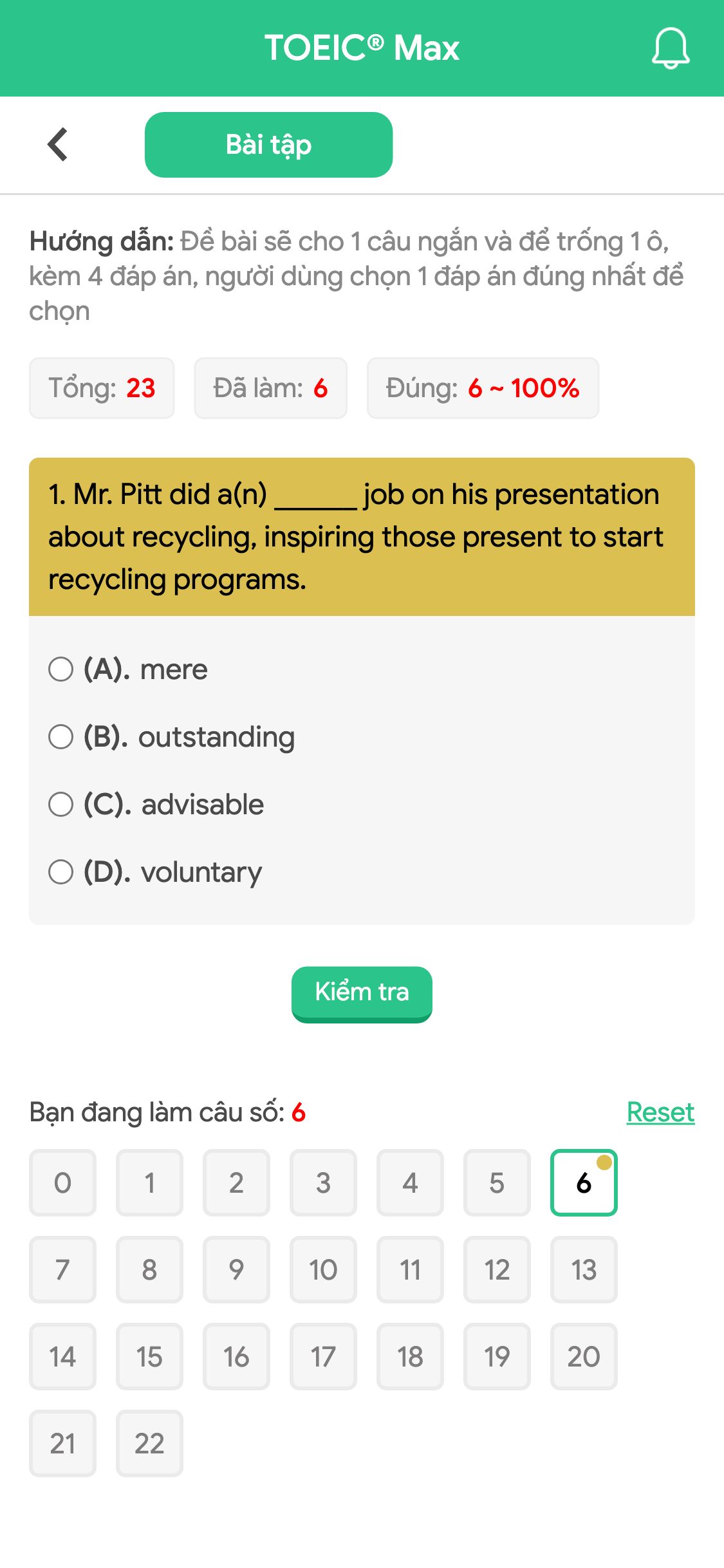 1. Mr. Pitt did a(n) ______ job on his presentation about recycling, inspiring those present to start recycling programs.