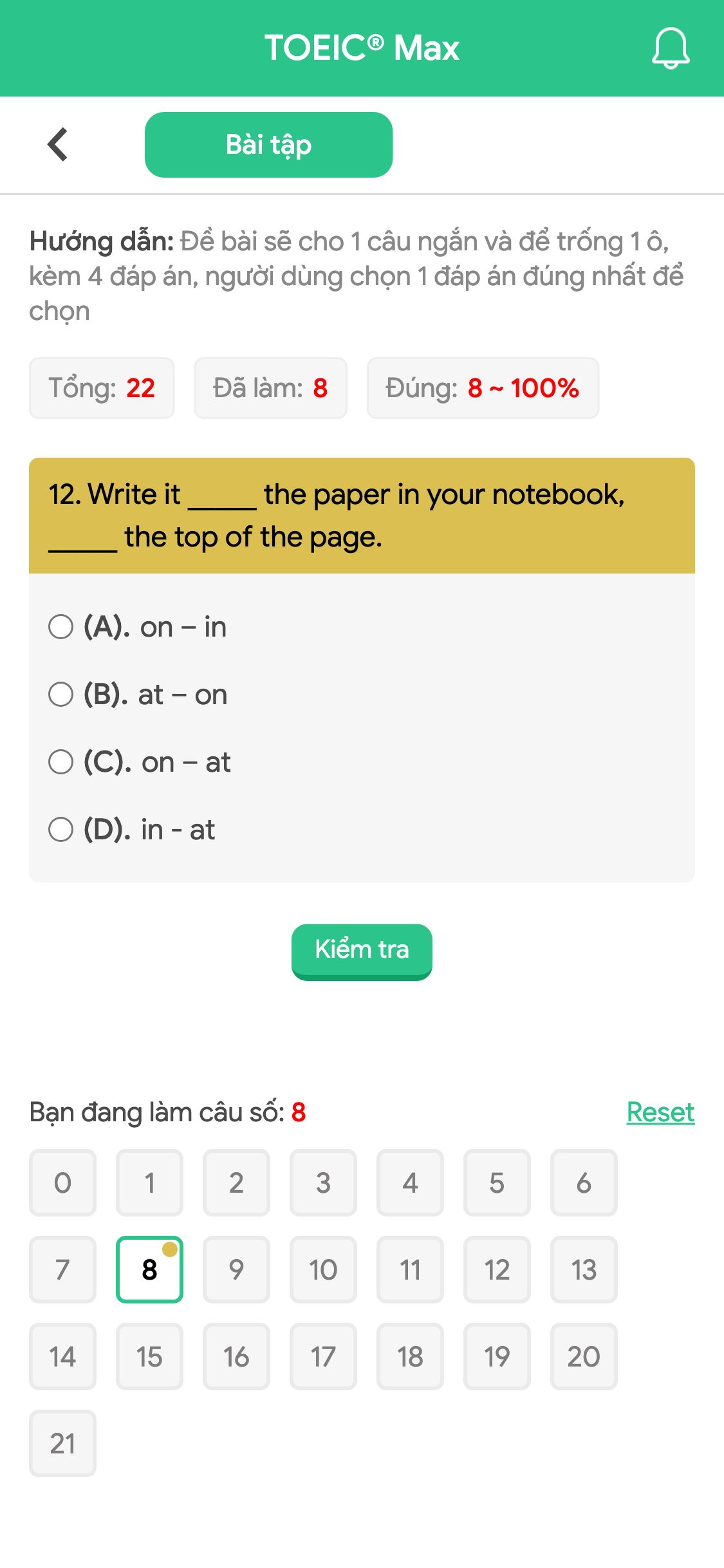 12. Write it _____ the paper in your notebook, _____ the top of the page.