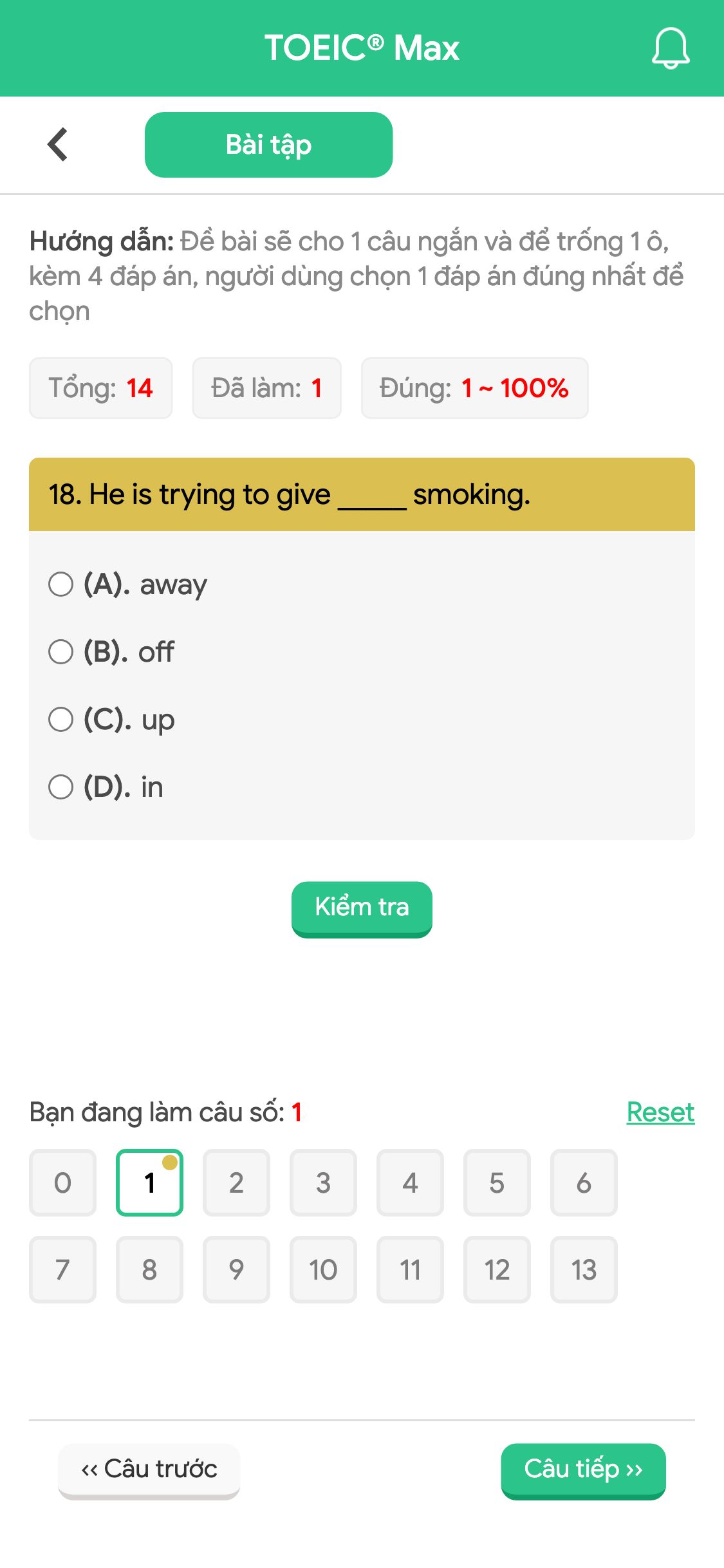 18. He is trying to give _____ smoking.