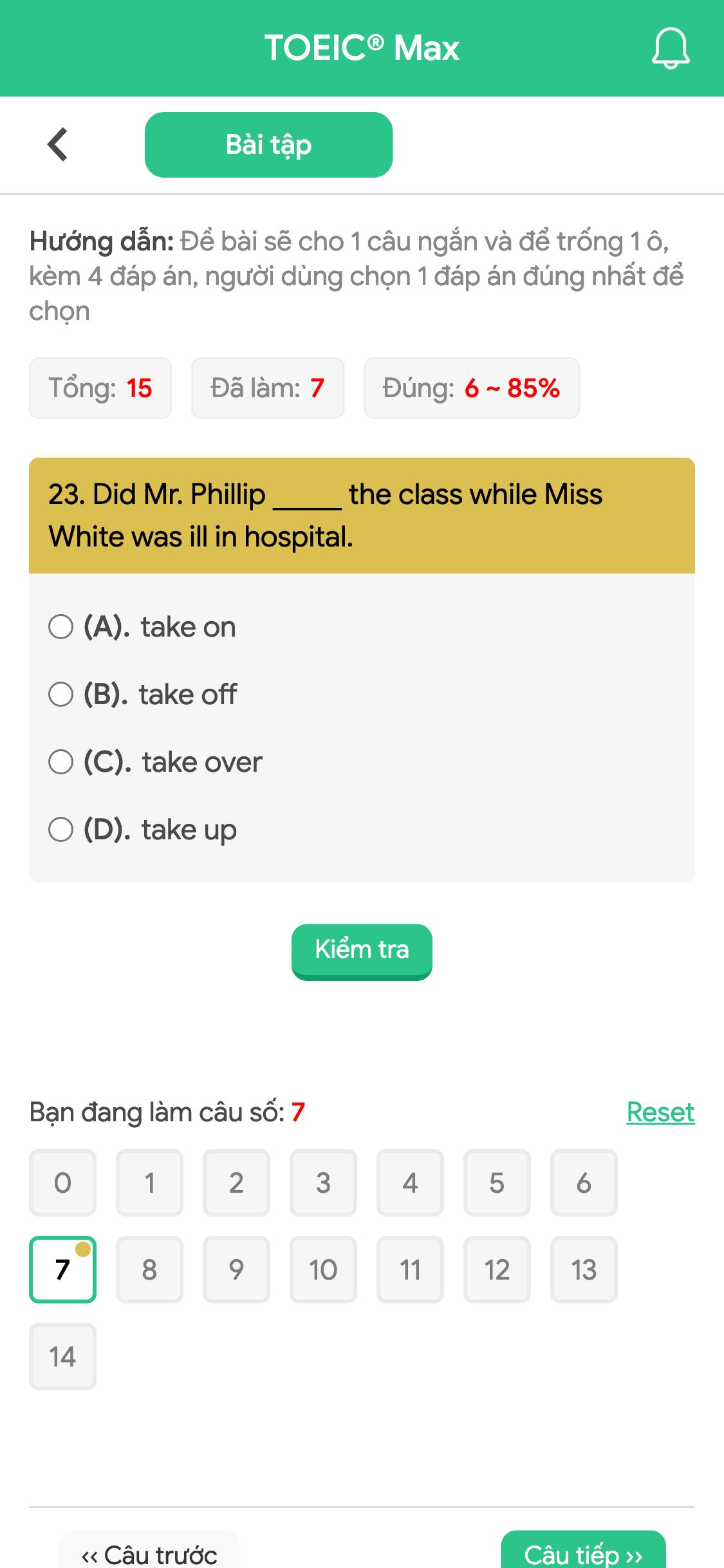 23. Did Mr. Phillip _____ the class while Miss White was ill in hospital.